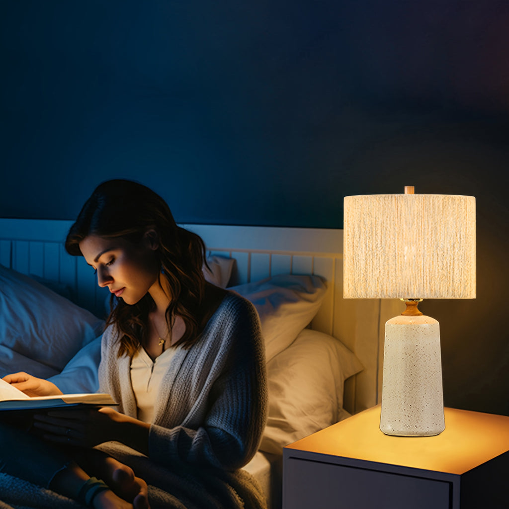 Three-Level Dimmable Farmhouse-Style Table Lamp, Standing 24 Inches Tall, Single Ceramic Bedside Lamp, Nightstand Lamp Featuring Fabric Shades Suitable for Living Room, Bedroom, Office, And Study
