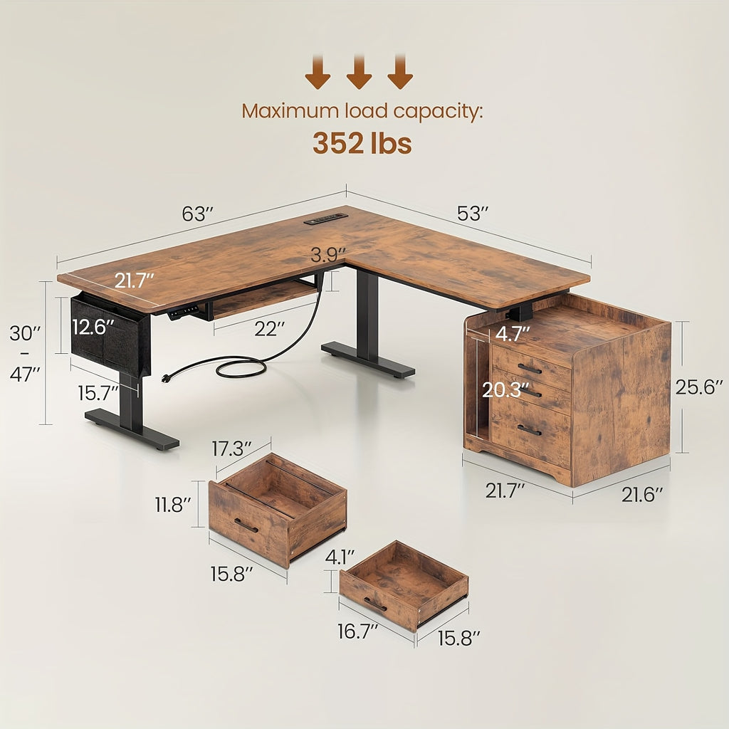 L-shaped Standing Desk with 3 Drawers and LED Lights, Height-Adjustable Computer Desk Suitable for Home Office