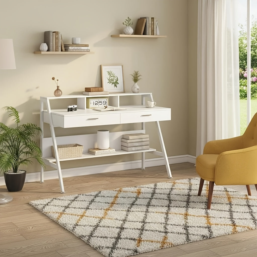 47 Inch Computer Desk With Storage Shelf & Drawers | Modern Office Writing Desk Study Table With Monitor Stand Riser, White, Byblight, Christmas Renewal