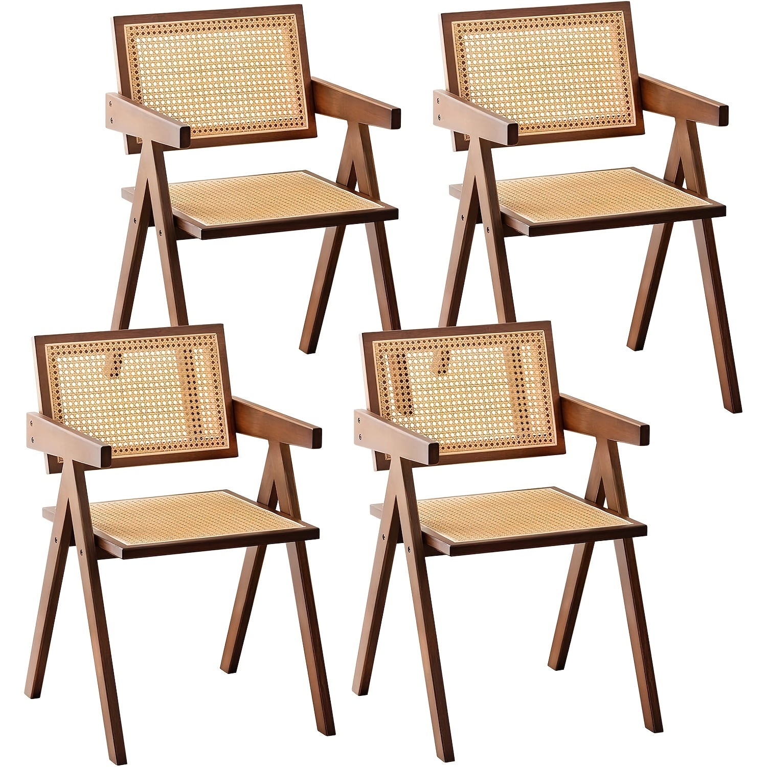 Modern Mid-Century Rattan Dining Chairs Suitable for \u002FOutdoor Use - Cushioned Armrest Accent Chairs with Soft Padded Seats, Assembly, Neutral Tones for Living Room, Kitchen, Furniture (No Wood)