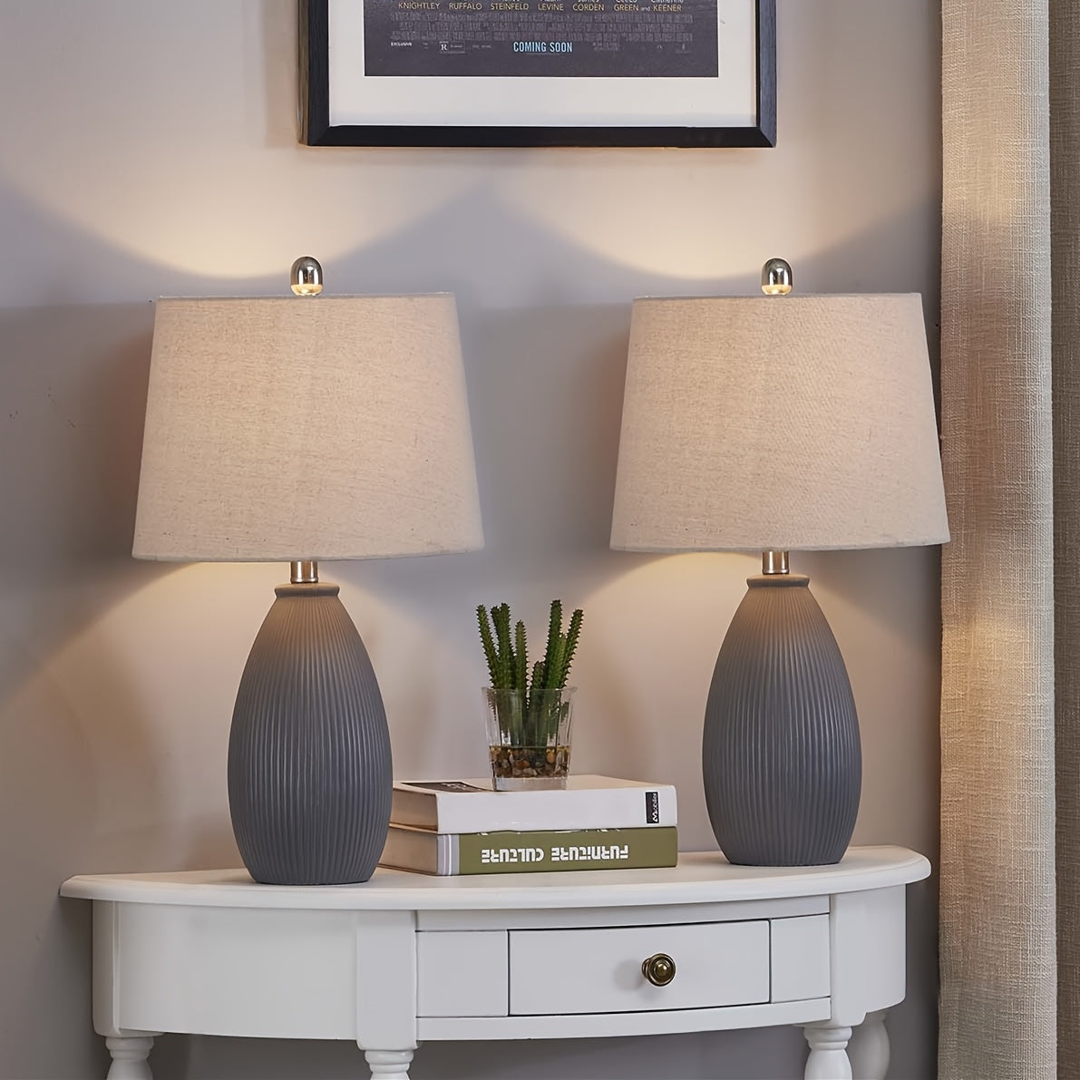 22 Inches Ceramic Table Lamps Set Of 2, 3-Way Dimmable Bedside Nightstand Lamps with Oatmeal Shade, Modern Grey\u002FBrown Desk Lamps for Bedroom, Living Room, Office, Study