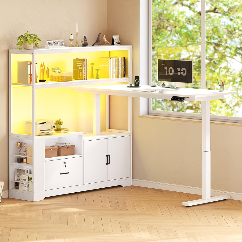 L Shaped Standing Desk with Memory Controller, Home Office Desk with Ample Storage & Power Outlets, 47 Inch Height Adjustable Corner Desk with Drawer, Cabinet And Open Shelves, 23.1\