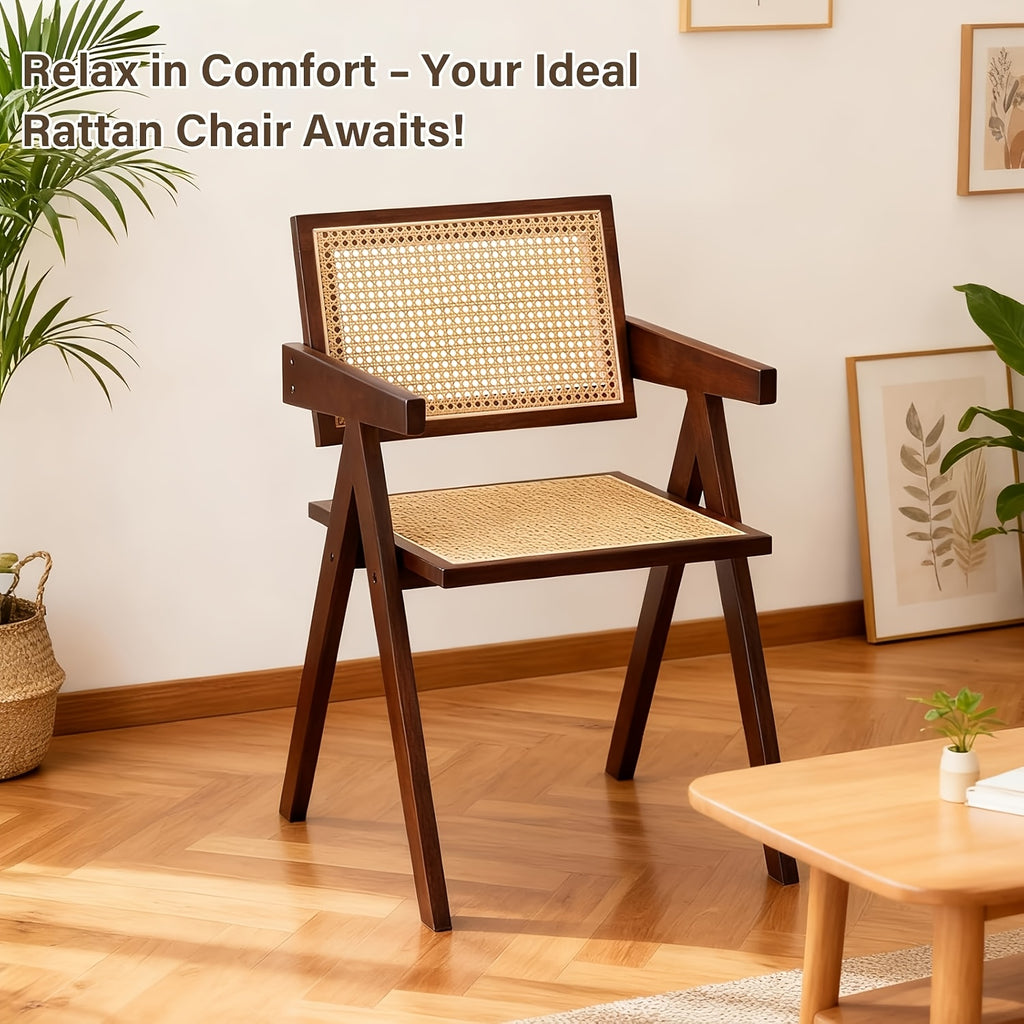 Modern Mid-Century Rattan Dining Chairs Suitable for \u002FOutdoor Use - Cushioned Armrest Accent Chairs with Soft Padded Seats, Assembly, Neutral Tones for Living Room, Kitchen, Furniture (No Wood)