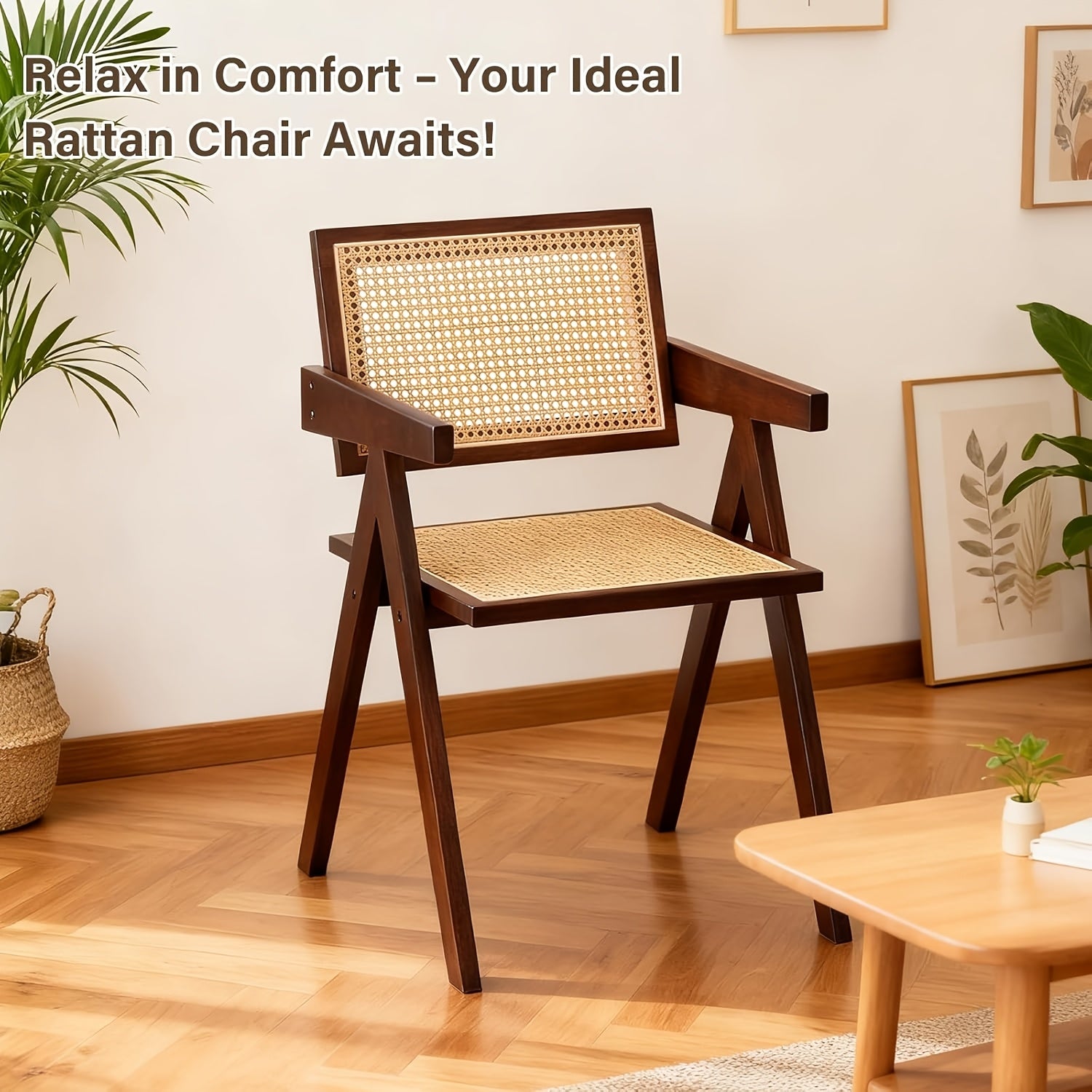 Modern Mid-Century Rattan Dining Chairs Suitable for \u002FOutdoor Use - Cushioned Armrest Accent Chairs with Soft Padded Seats, Assembly, Neutral Tones for Living Room, Kitchen, Furniture (No Wood)