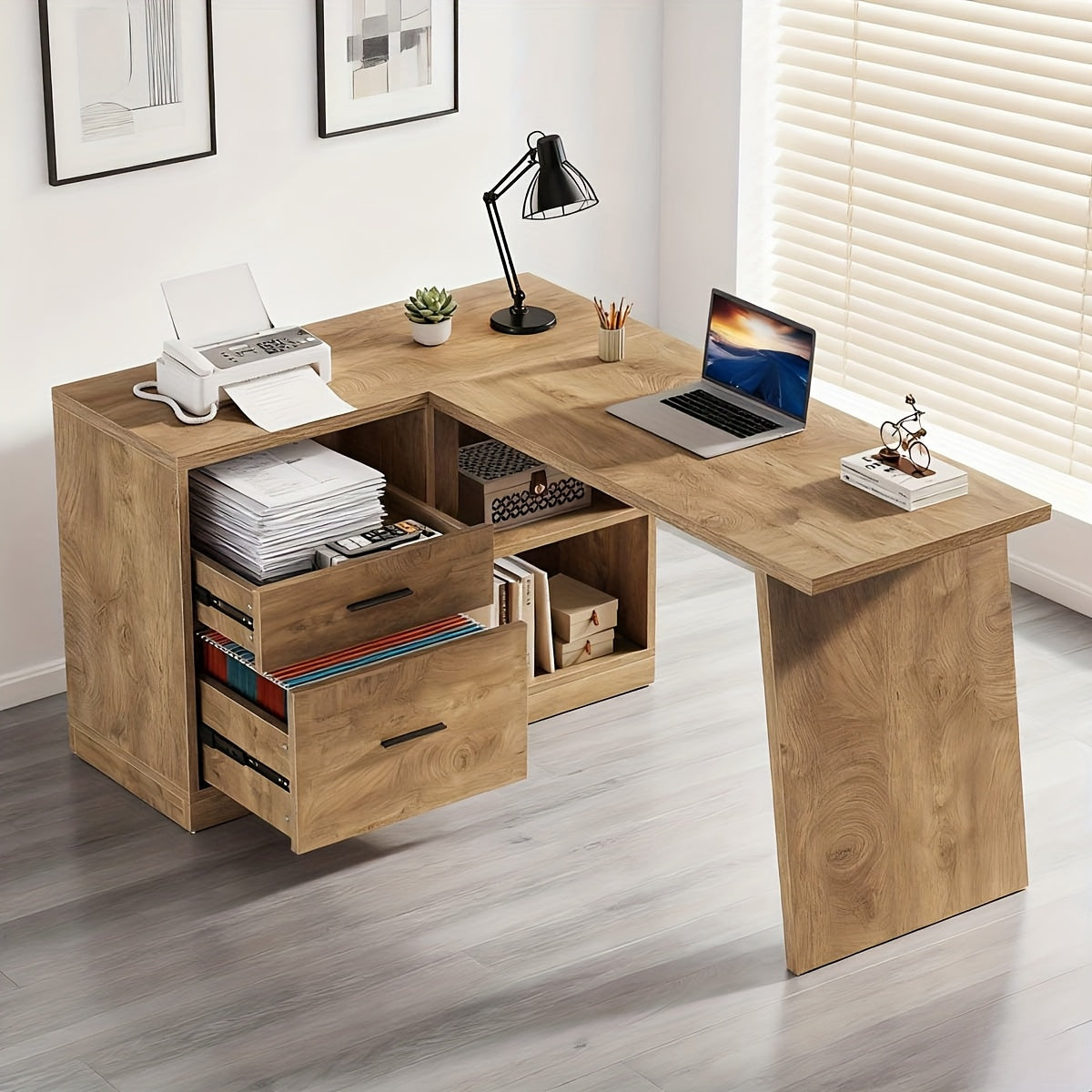 Brown 55-Inch L-Shaped Desk for Computers Featuring Three Drawers, Corner Design with Storage Shelves, Ideal for Home Office Use, Sturdy for Work, Writing, And Gaming