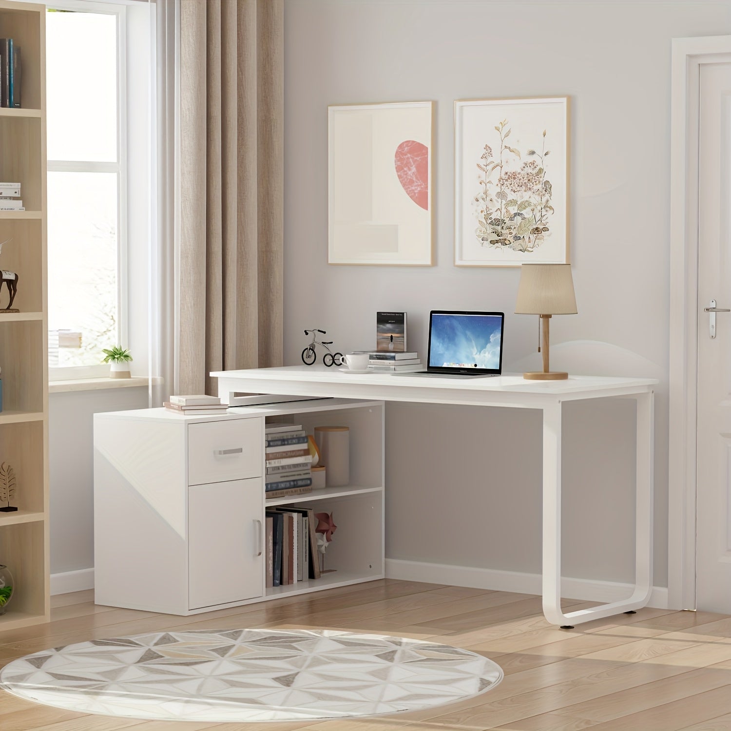 L-shaped Computer Desk with Drawer, Open Shelves & Filing Cabinet, Modern Writing Desk with Spacious Desktop, for Home Office, Study Room, White