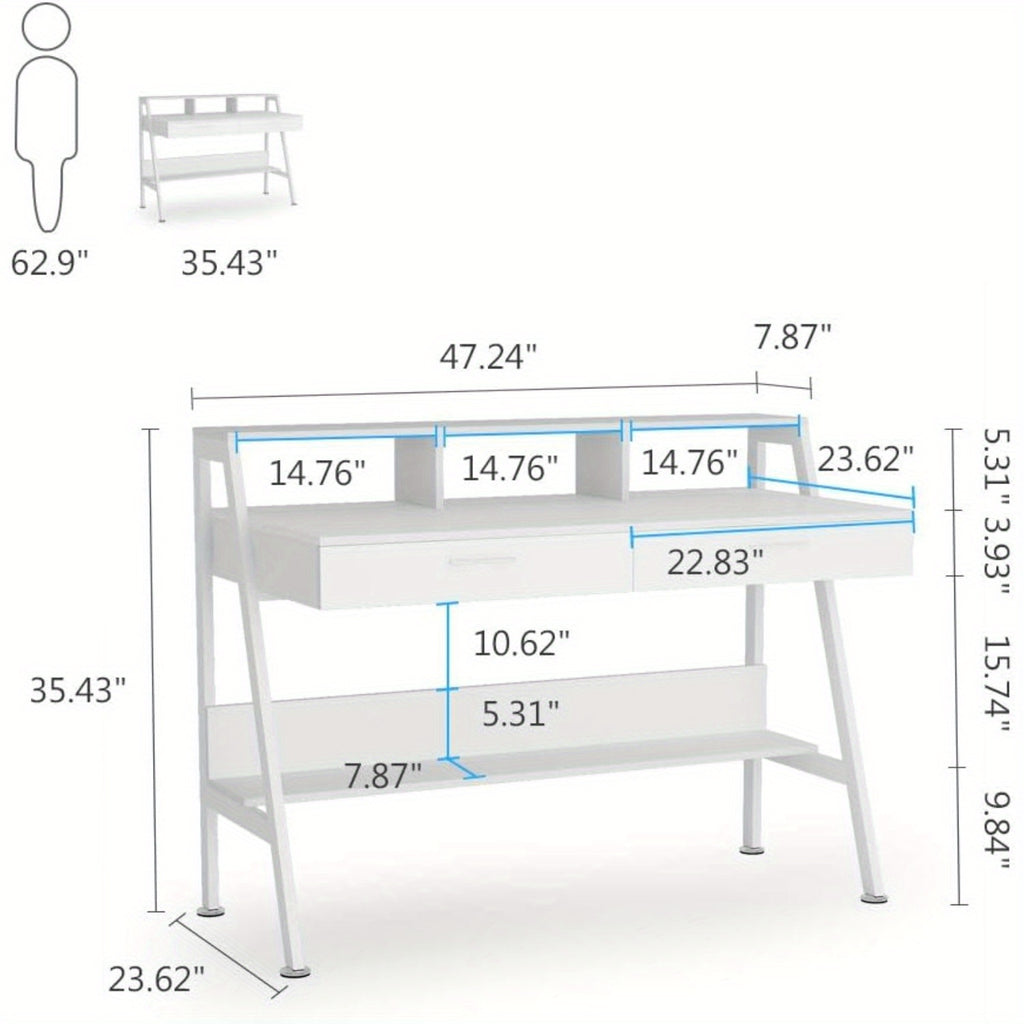 47 Inch Computer Desk With Storage Shelf & Drawers | Modern Office Writing Desk Study Table With Monitor Stand Riser, White, Byblight, Christmas Renewal
