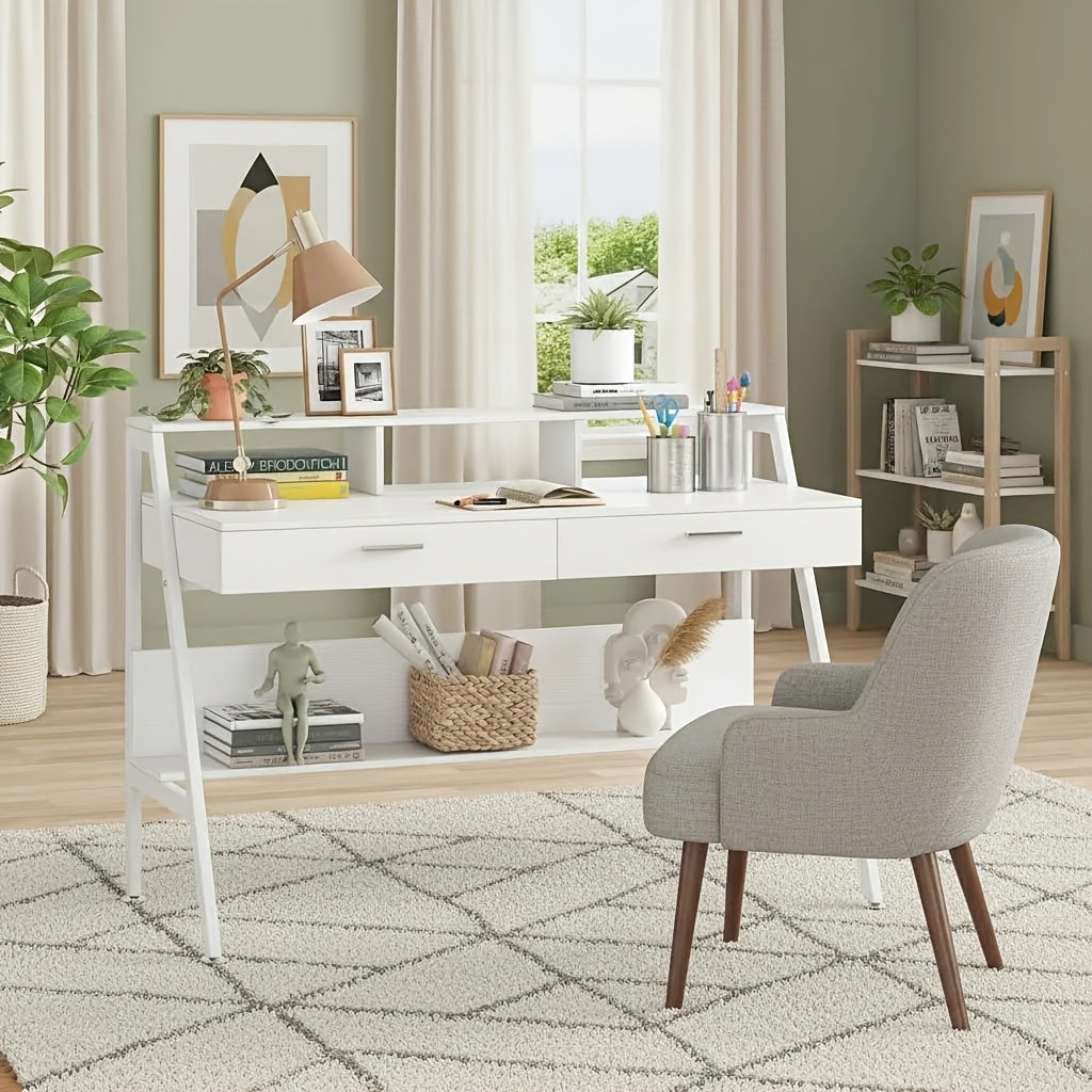 47 Inch Computer Desk With Storage Shelf & Drawers | Modern Office Writing Desk Study Table With Monitor Stand Riser, White, Byblight, Christmas Renewal