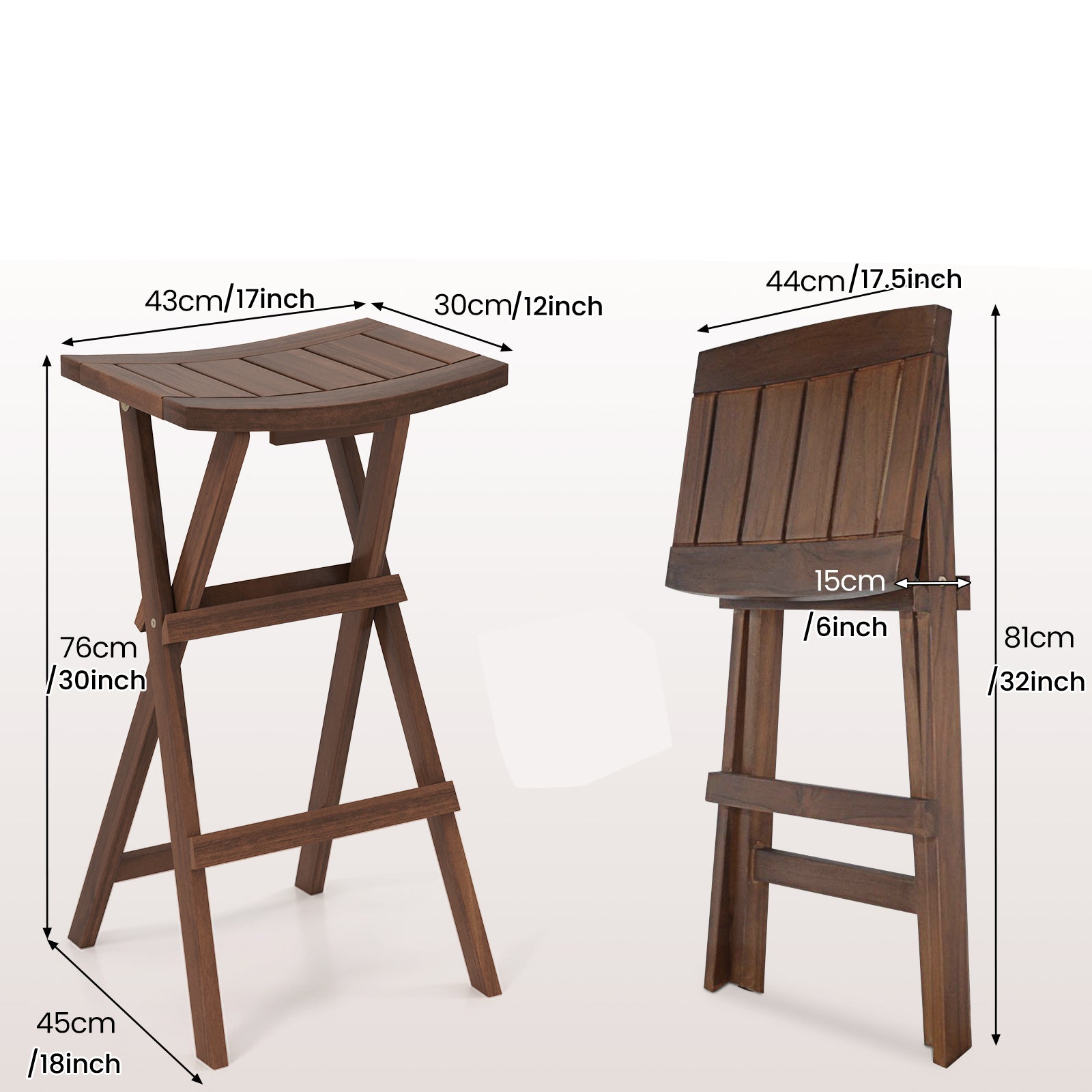 Set of 2 Modern Teak Wood Folding Bar Stools with Saddle Seat & Footrest - Heavy-Duty X-Frame, Bistro Stool for Indoor\u002FOutdoor Use Suitable, Cafe, Patio - Easy Assembly & Space-Saving Design