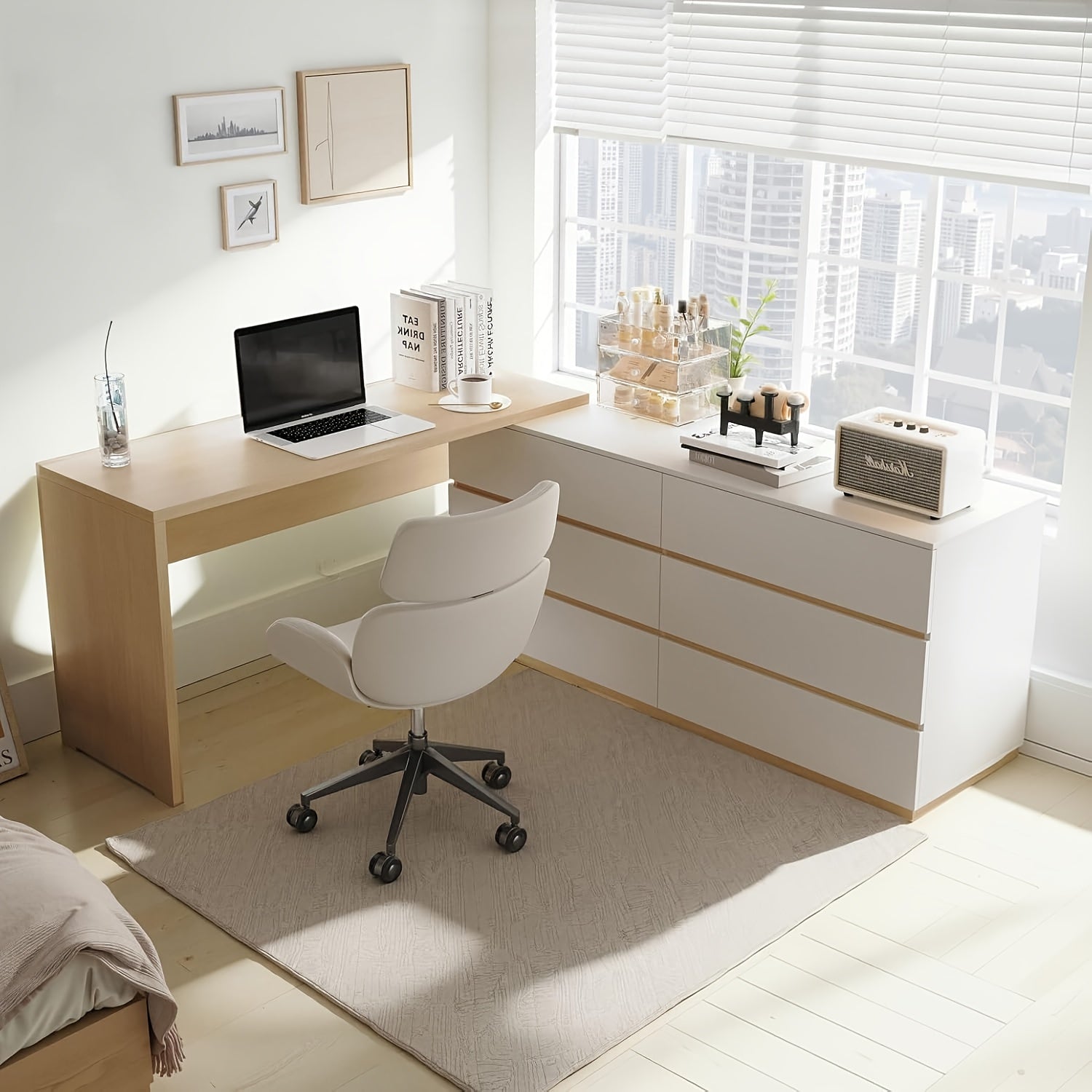 A 97.63-Inch Computer Desk Featuring a Modern Farmhouse Design, This L-Shaped Retractable Desk Comes with Six Storage Drawers, Making It Ideal for a for Home Office Or Bedroom