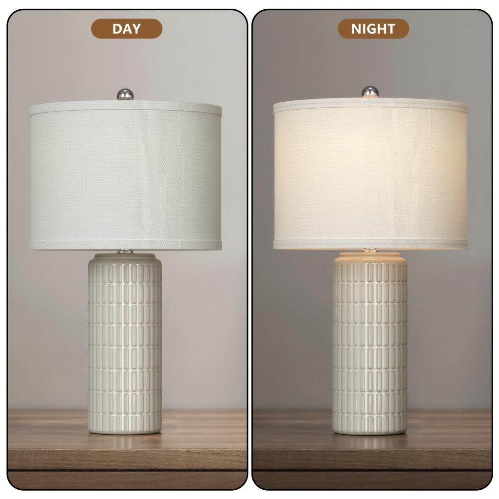 23 Inch Ceramic Table Lamp Set of 2 | Modern Farmhouse Style with White Bedside Lamps for Living Room, Bedroom, Office Desk Decor, Adjustable Lighting with Drum Fabric Shade, Ideal for Reading, Gift Idea