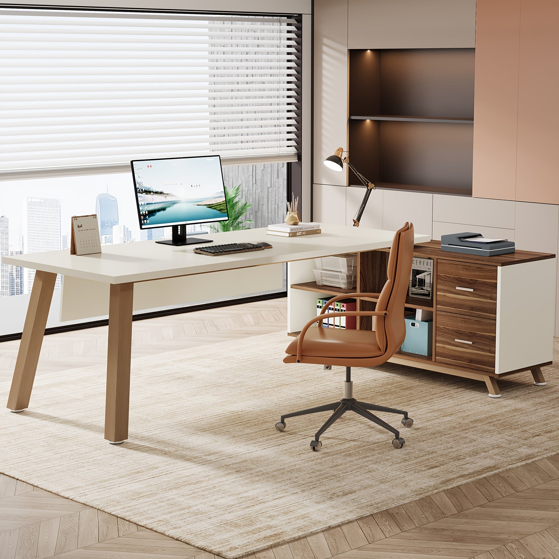 71-Inch Executive Workstation, L-Shaped Desk Featuring a 55-Inch Cabinet, Spacious Office Desk with Storage Shelves, Contemporary Computer Desk for Home Office, Walnut And White End, Easy Assembly