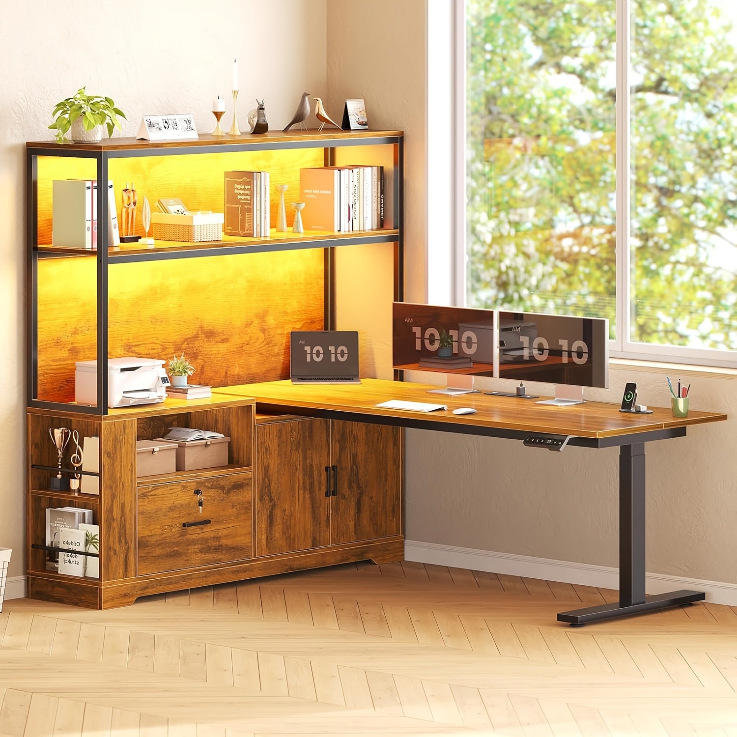 L Shaped Standing Desk with Memory Controller, Home Office Desk with Ample Storage & Power Outlets, 47 Inch Height Adjustable Corner Desk with Drawer, Cabinet And Open Shelves, 23.1\