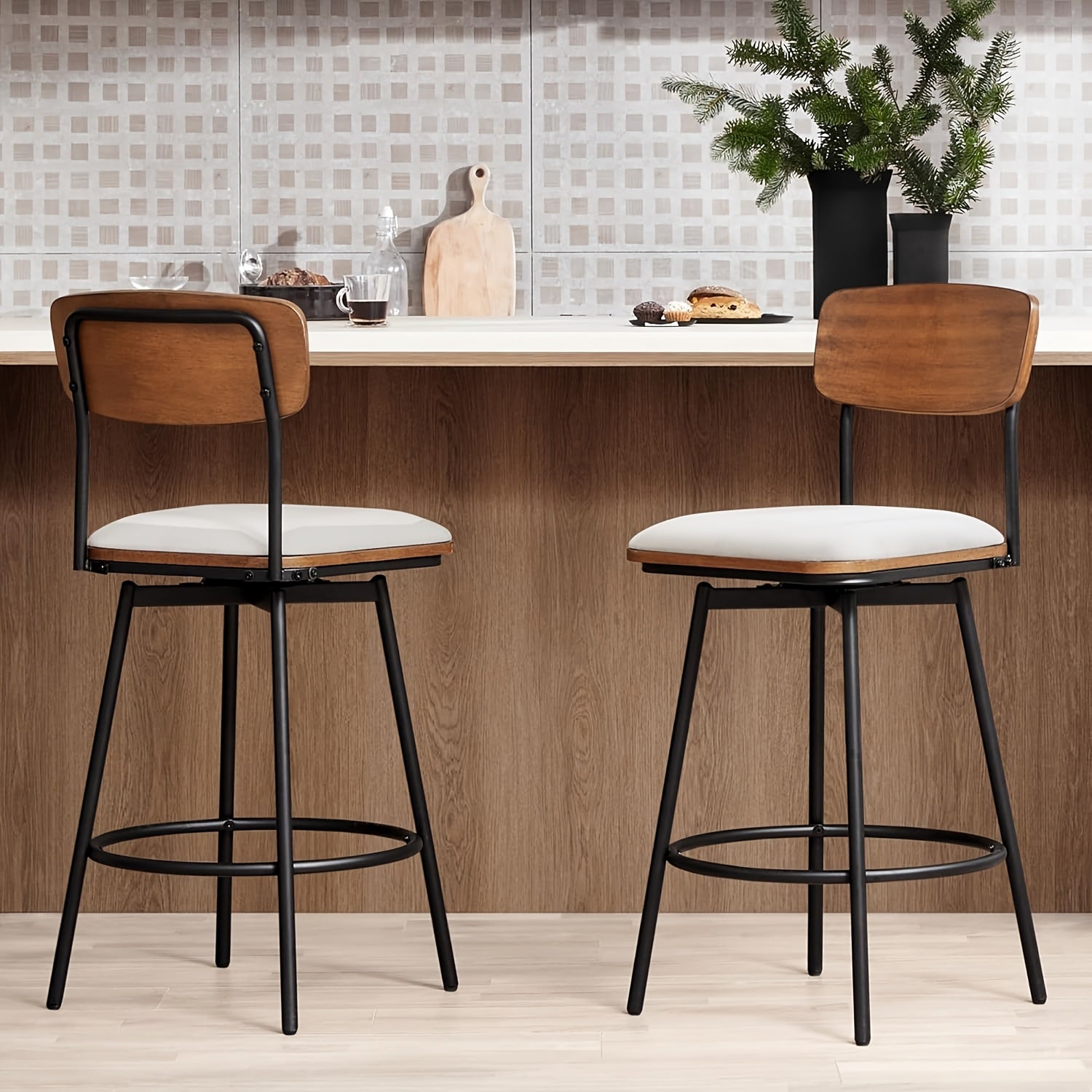 2\u002F3pcs Swivel Counter Height Barstools with Back, Fabric\u002FPU Upholstered Barstools with Metal & Wood Frame for Canteen, Living Room, Bar