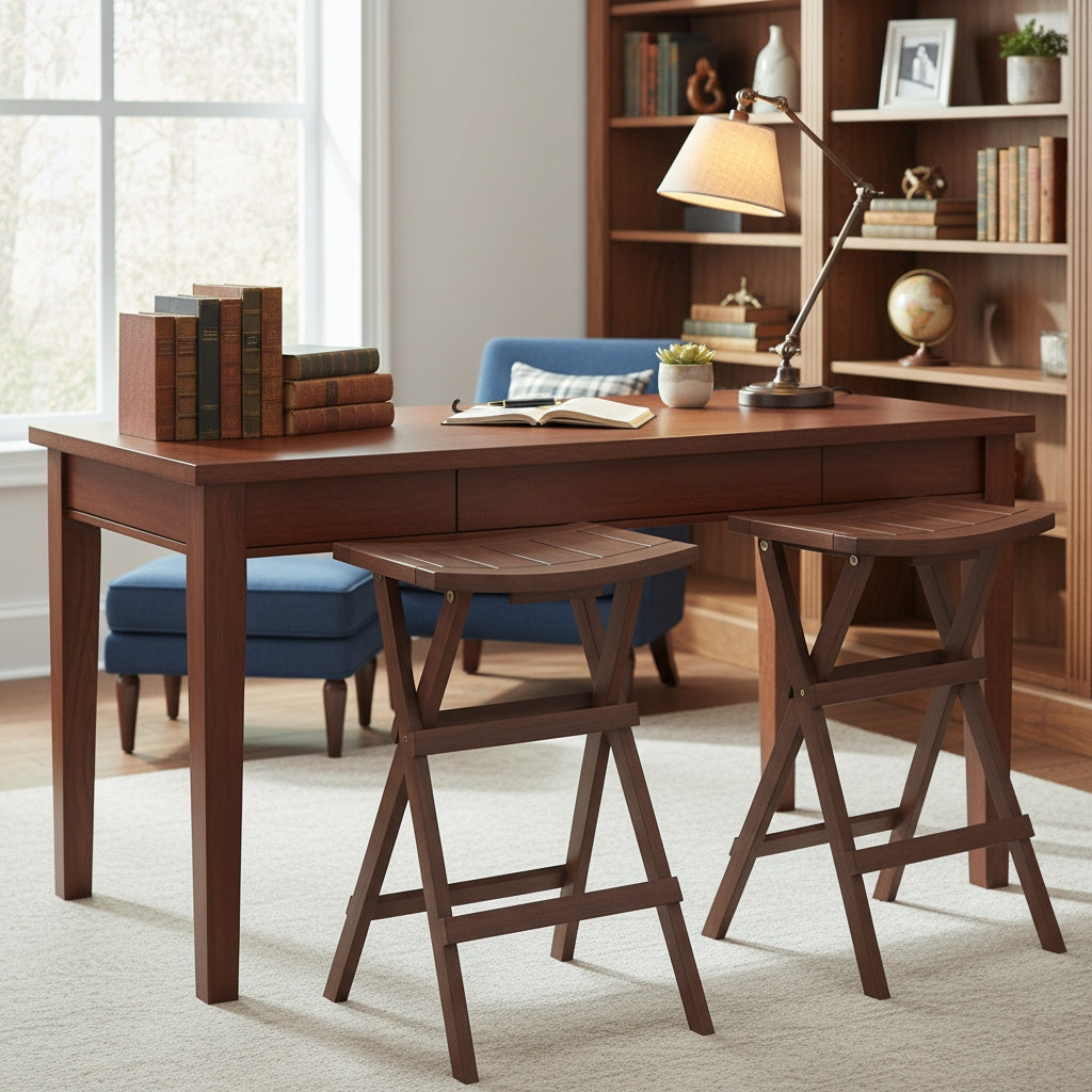 Set of 2 Modern Teak Wood Folding Bar Stools with Saddle Seat & Footrest - Heavy-Duty X-Frame, Bistro Stool for Indoor\u002FOutdoor Use Suitable, Cafe, Patio - Easy Assembly & Space-Saving Design