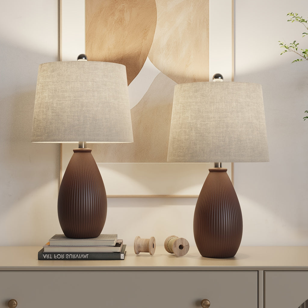 22 Inches Ceramic Table Lamps Set Of 2, 3-Way Dimmable Bedside Nightstand Lamps with Oatmeal Shade, Modern Grey\u002FBrown Desk Lamps for Bedroom, Living Room, Office, Study