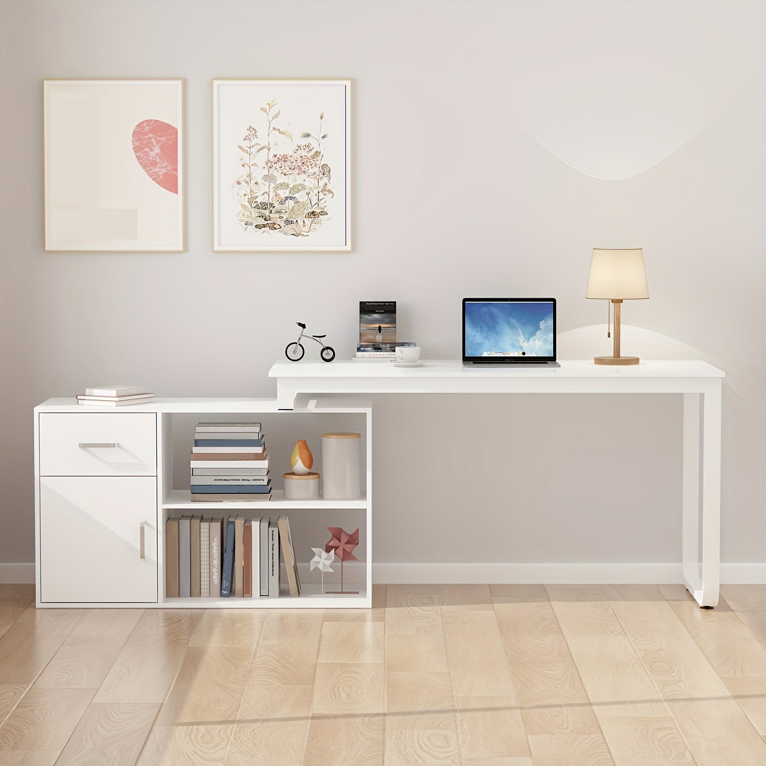 L-shaped Computer Desk with Drawer, Open Shelves & Filing Cabinet, Modern Writing Desk with Spacious Desktop, for Home Office, Study Room, White