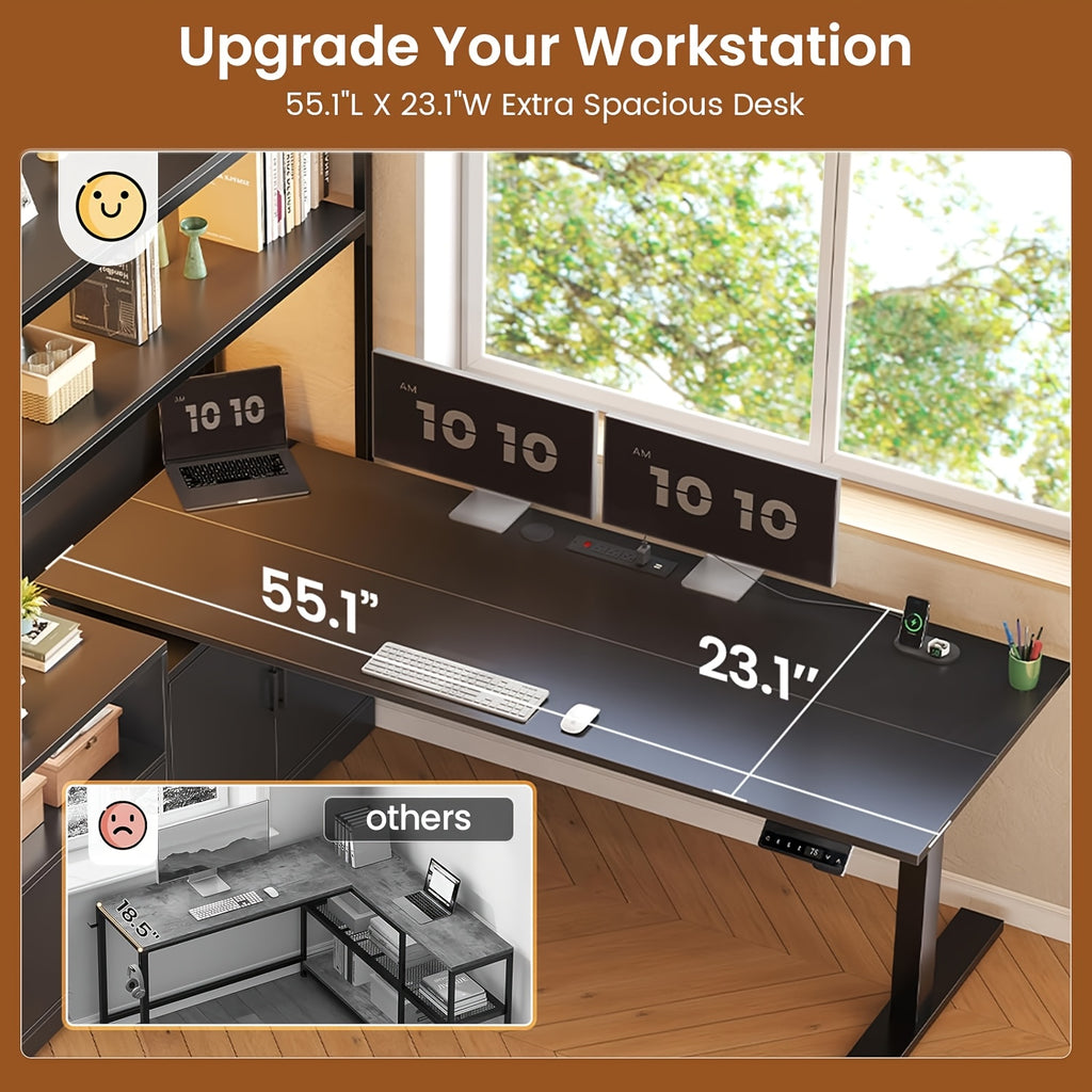 L Shaped Standing Desk with Memory Controller, Home Office Desk with Ample Storage & Power Outlets, 47 Inch Height Adjustable Corner Desk with Drawer, Cabinet And Open Shelves, 23.1\