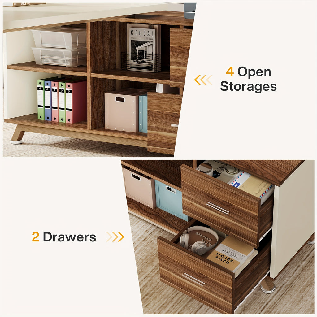 71-Inch Executive Workstation, L-Shaped Desk Featuring a 55-Inch Cabinet, Spacious Office Desk with Storage Shelves, Contemporary Computer Desk for Home Office, Walnut And White End, Easy Assembly