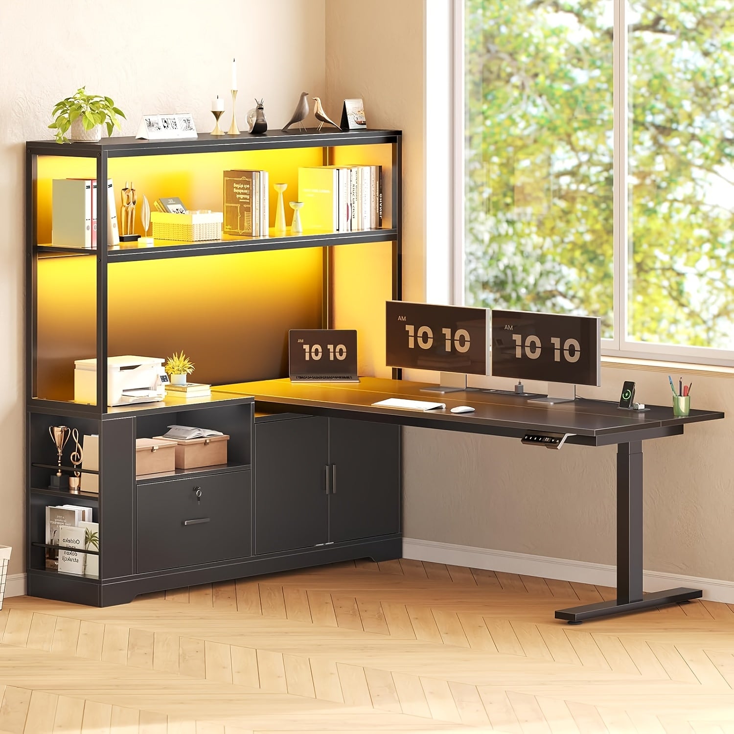 L Shaped Standing Desk with Memory Controller, Home Office Desk with Ample Storage & Power Outlets, 47 Inch Height Adjustable Corner Desk with Drawer, Cabinet And Open Shelves, 23.1\