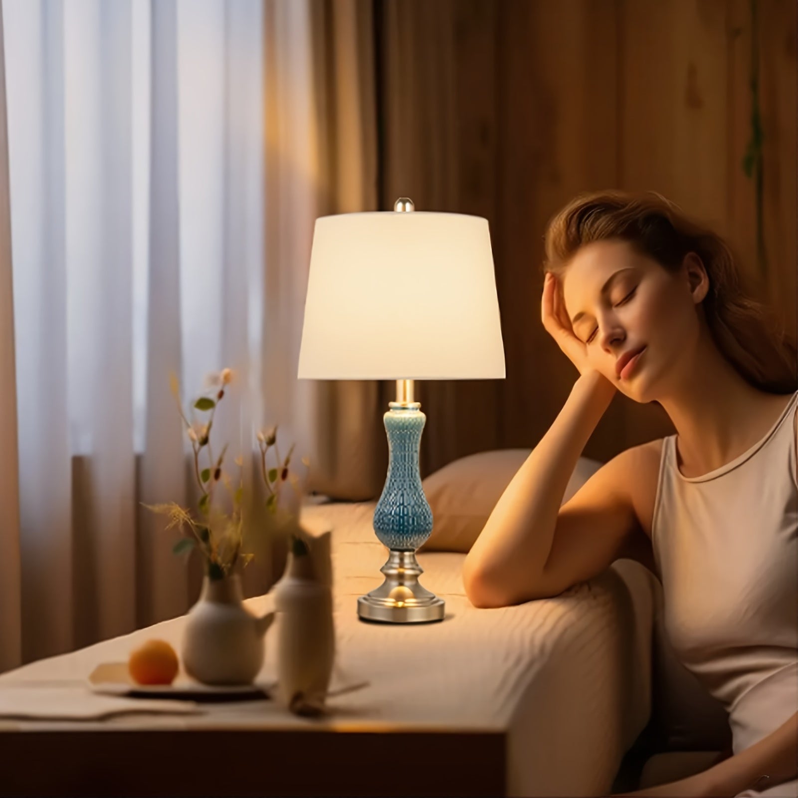 Blue Textured Glass Table Lamps Set Of 2, Modern Elegant White Shade Bedside Lamps With Ribbed Detail Lamp Body For Bedroom, Study, Office, Study Desk Lamp, Minimalist Lamp Design, Stylish Lamp, Lamp For Bedroom, Soft Warm Lighting For Home