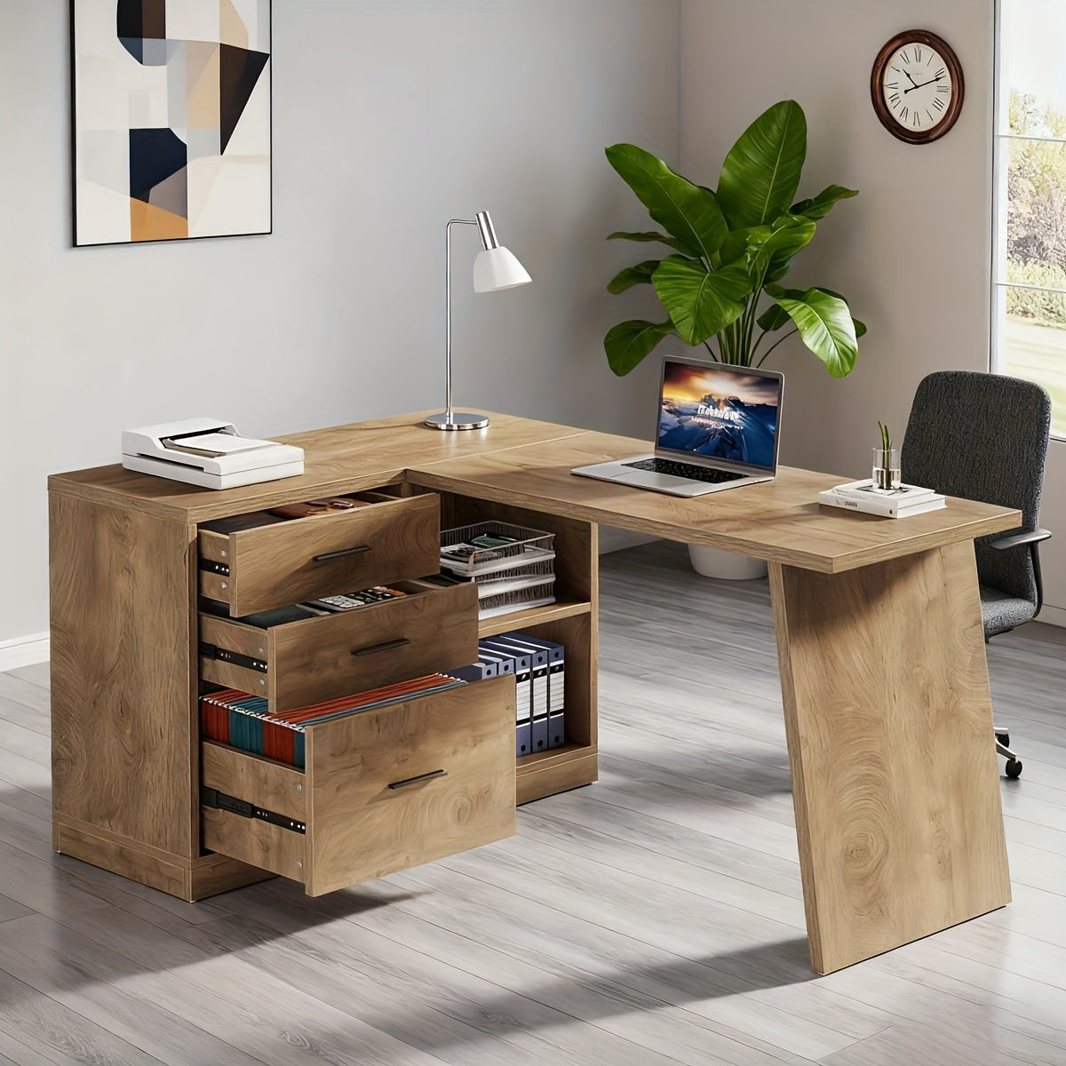 Brown 55-Inch L-Shaped Desk for Computers Featuring Three Drawers, Corner Design with Storage Shelves, Ideal for Home Office Use, Sturdy for Work, Writing, And Gaming