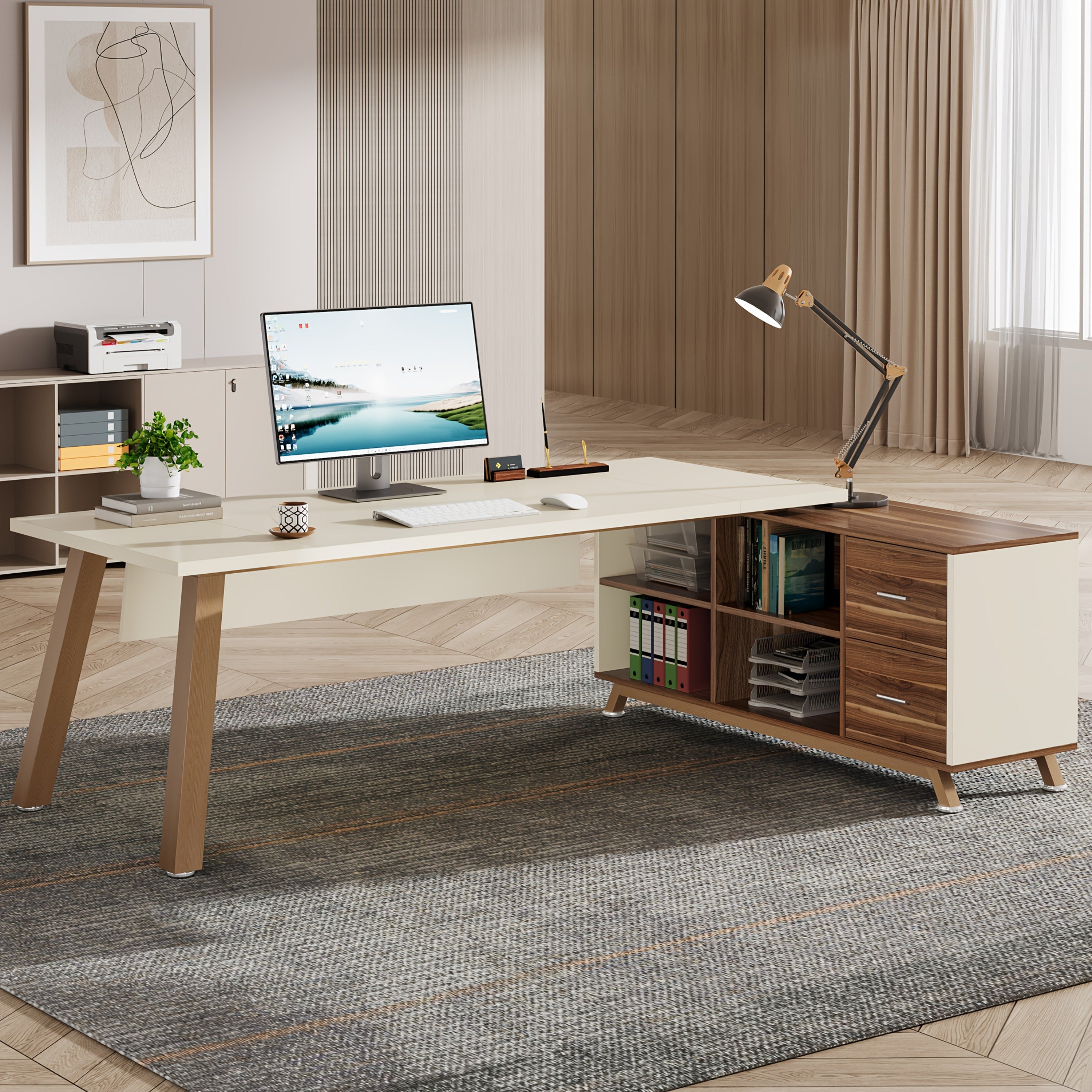 71-Inch Executive Workstation, L-Shaped Desk Featuring a 55-Inch Cabinet, Spacious Office Desk with Storage Shelves, Contemporary Computer Desk for Home Office, Walnut And White End, Easy Assembly