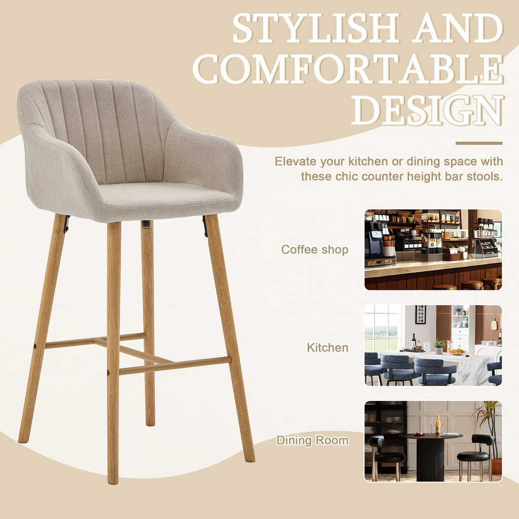 Set of 2 Bar Stools Upholstered in Modern Linen Fabric, Featuring Tall Chairs for Kitchen Islands with Back Support, Armrests, And Footrests