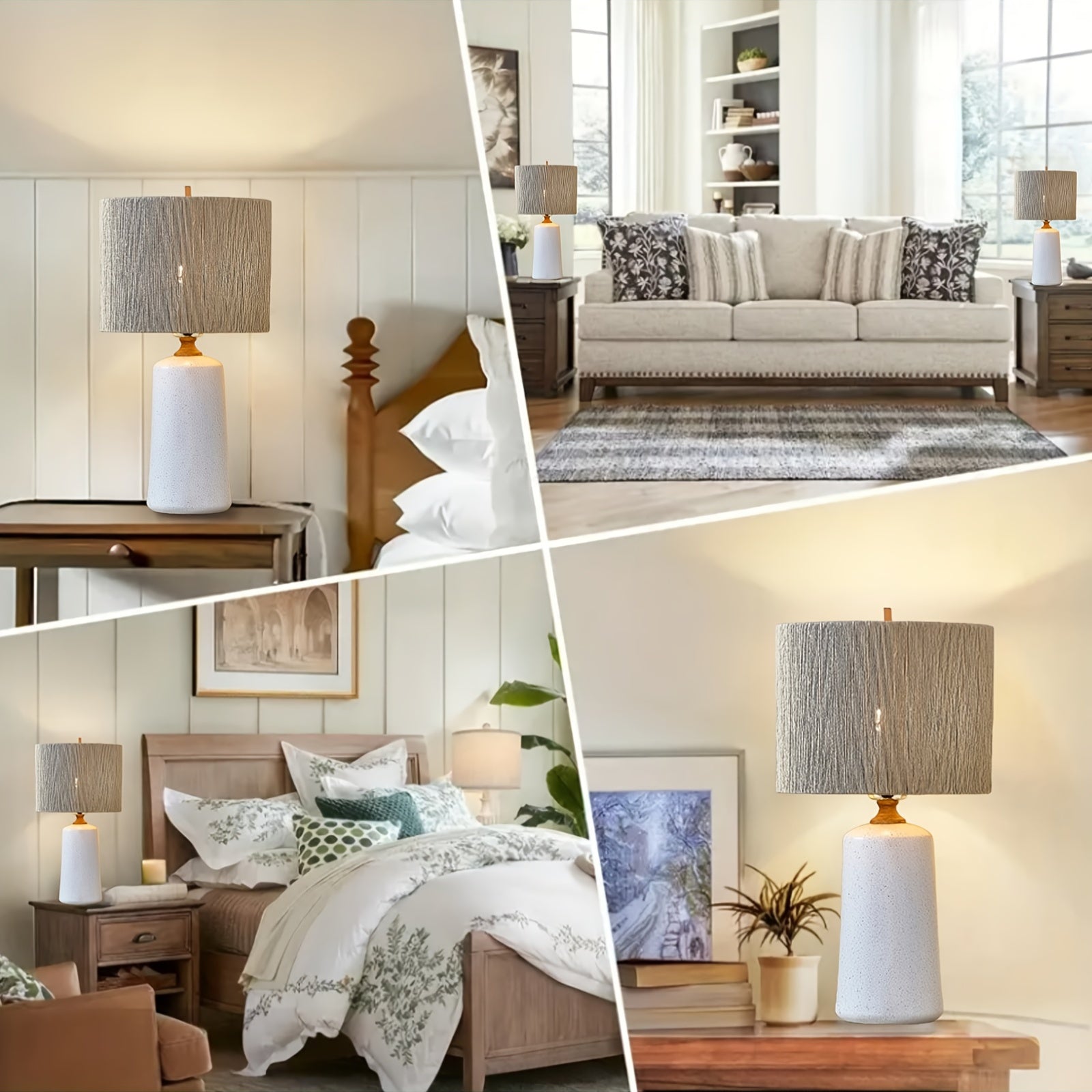 Three-Level Dimmable Farmhouse-Style Table Lamp, Standing 24 Inches Tall, Single Ceramic Bedside Lamp, Nightstand Lamp Featuring Fabric Shades Suitable for Living Room, Bedroom, Office, And Study