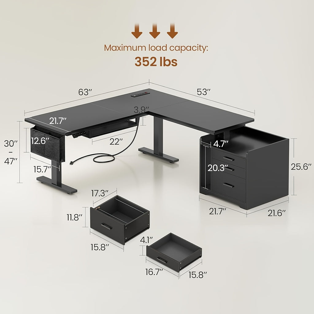 L-shaped Standing Desk with 3 Drawers and LED Lights, Height-Adjustable Computer Desk Suitable for Home Office