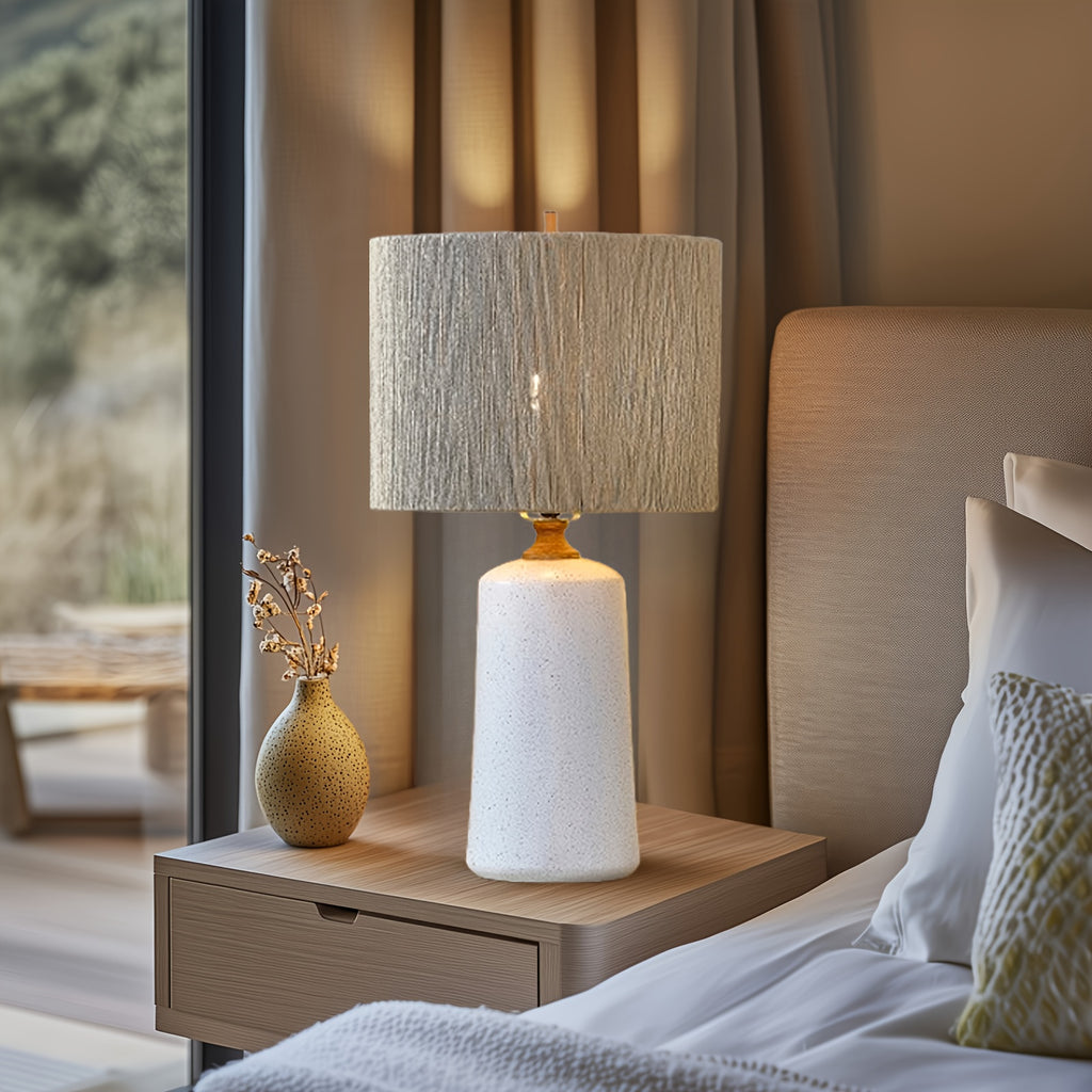 Three-Level Dimmable Farmhouse-Style Table Lamp, Standing 24 Inches Tall, Single Ceramic Bedside Lamp, Nightstand Lamp Featuring Fabric Shades Suitable for Living Room, Bedroom, Office, And Study