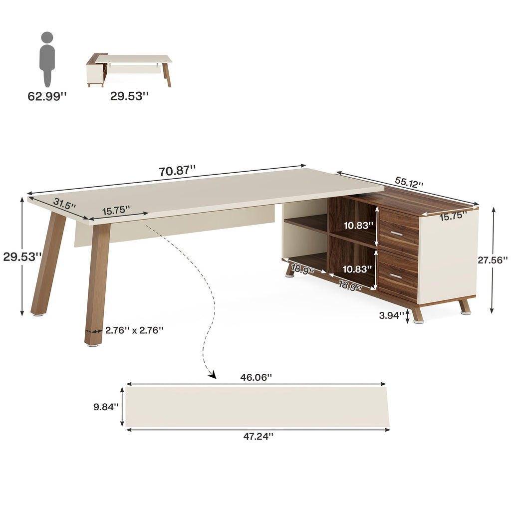 71-Inch Executive Workstation, L-Shaped Desk Featuring a 55-Inch Cabinet, Spacious Office Desk with Storage Shelves, Contemporary Computer Desk for Home Office, Walnut And White End, Easy Assembly
