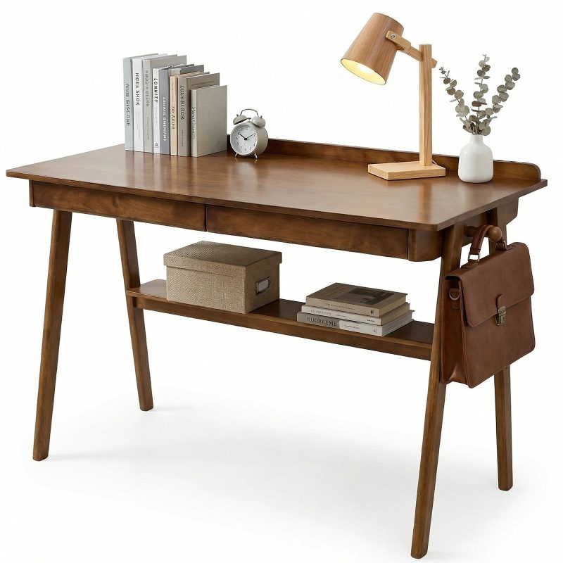 Solid Wood Writing Desk, Home Office Desk for Small Spaces, Mid-Century Modern Desk with 2 Drawers Storage Shelf, Standing Desk with Side Hooks for Study, Bedroom, Office (Walnut)