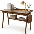 Solid Wood Writing Desk, Home Office Desk for Small Spaces, Mid-Century Modern Desk with 2 Drawers Storage Shelf, Standing Desk with Side Hooks for Study, Bedroom, Office (Walnut)