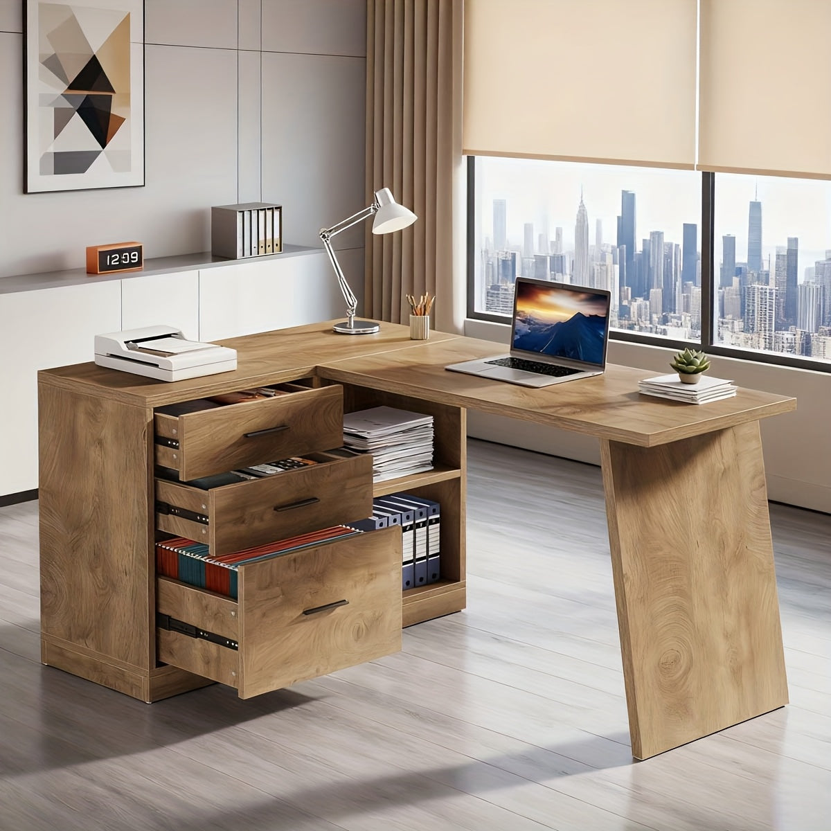 Brown 55-Inch L-Shaped Desk for Computers Featuring Three Drawers, Corner Design with Storage Shelves, Ideal for Home Office Use, Sturdy for Work, Writing, And Gaming