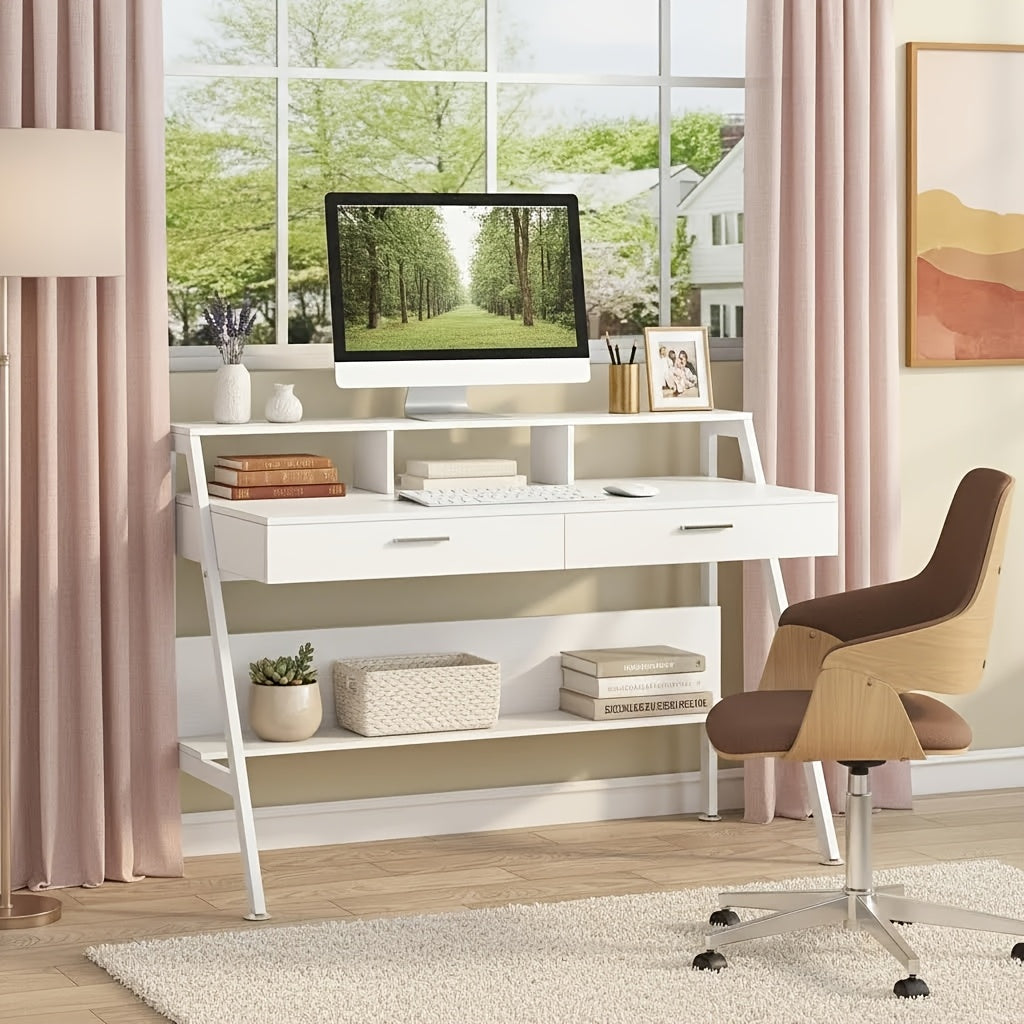 47 Inch Computer Desk With Storage Shelf & Drawers | Modern Office Writing Desk Study Table With Monitor Stand Riser, White, Byblight, Christmas Renewal