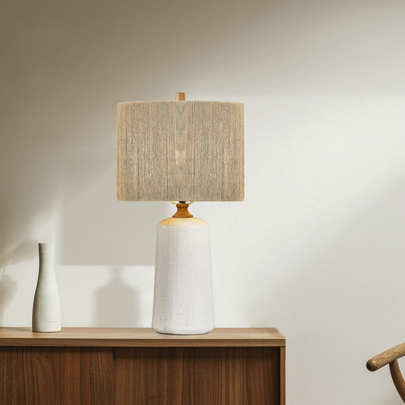 Three-Level Dimmable Farmhouse-Style Table Lamp, Standing 24 Inches Tall, Single Ceramic Bedside Lamp, Nightstand Lamp Featuring Fabric Shades Suitable for Living Room, Bedroom, Office, And Study