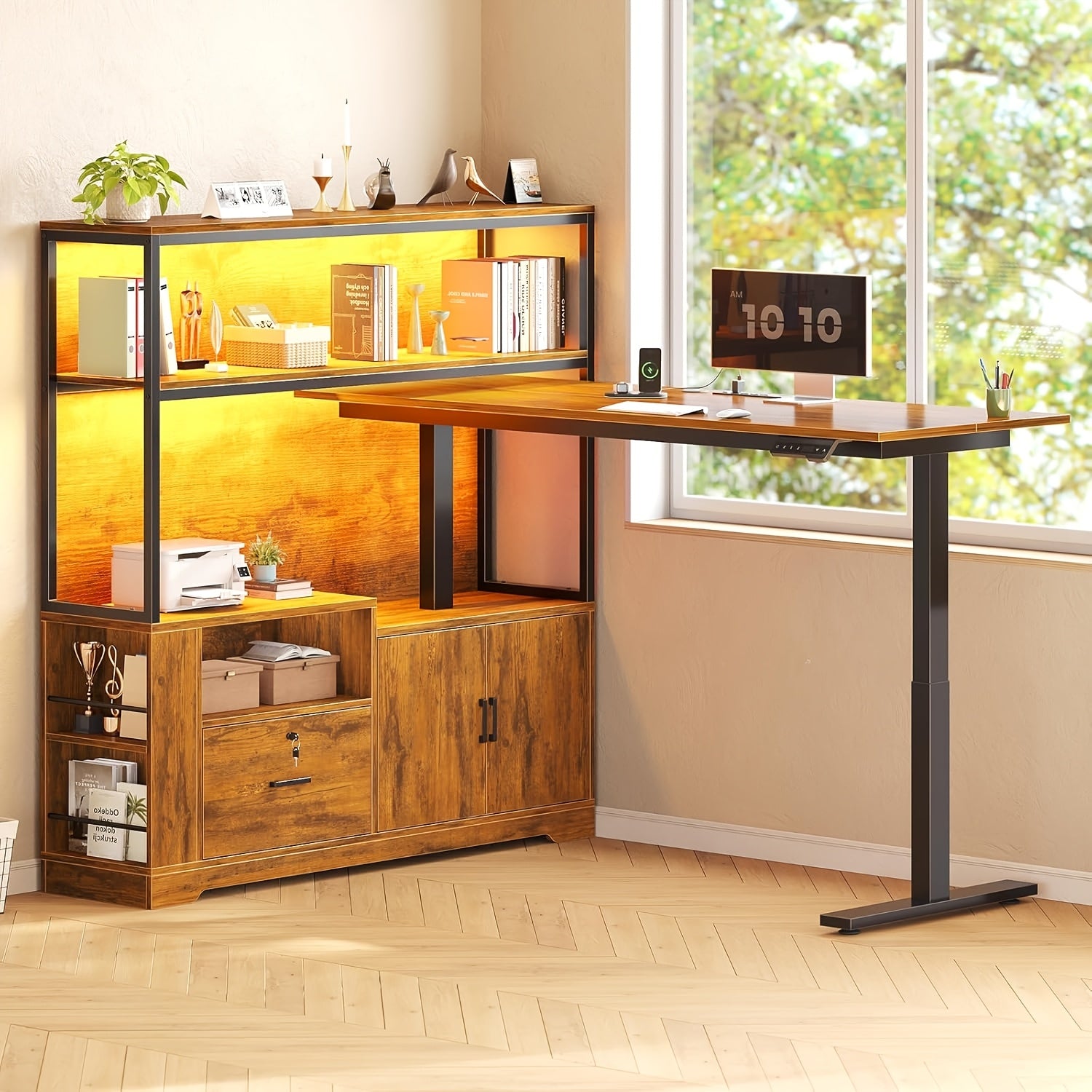 L Shaped Standing Desk with Memory Controller, Home Office Desk with Ample Storage & Power Outlets, 47 Inch Height Adjustable Corner Desk with Drawer, Cabinet And Open Shelves, 23.1\