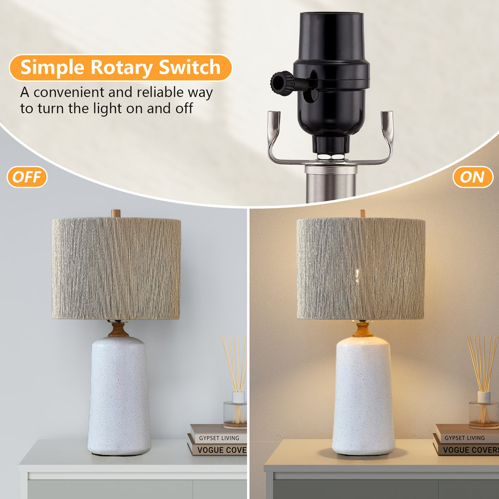 Three-Level Dimmable Farmhouse-Style Table Lamp, Standing 24 Inches Tall, Single Ceramic Bedside Lamp, Nightstand Lamp Featuring Fabric Shades Suitable for Living Room, Bedroom, Office, And Study