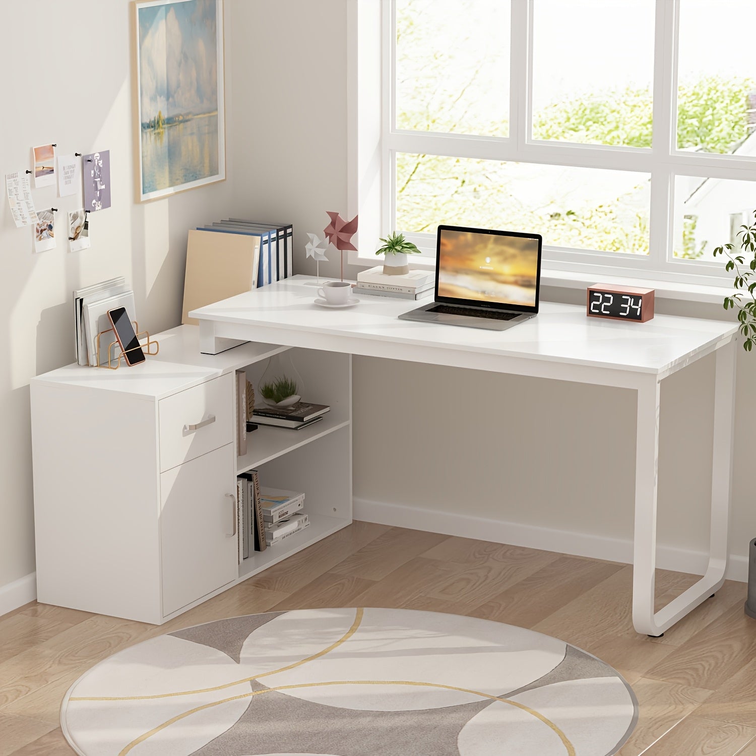 L-shaped Computer Desk with Drawer, Open Shelves & Filing Cabinet, Modern Writing Desk with Spacious Desktop, for Home Office, Study Room, White