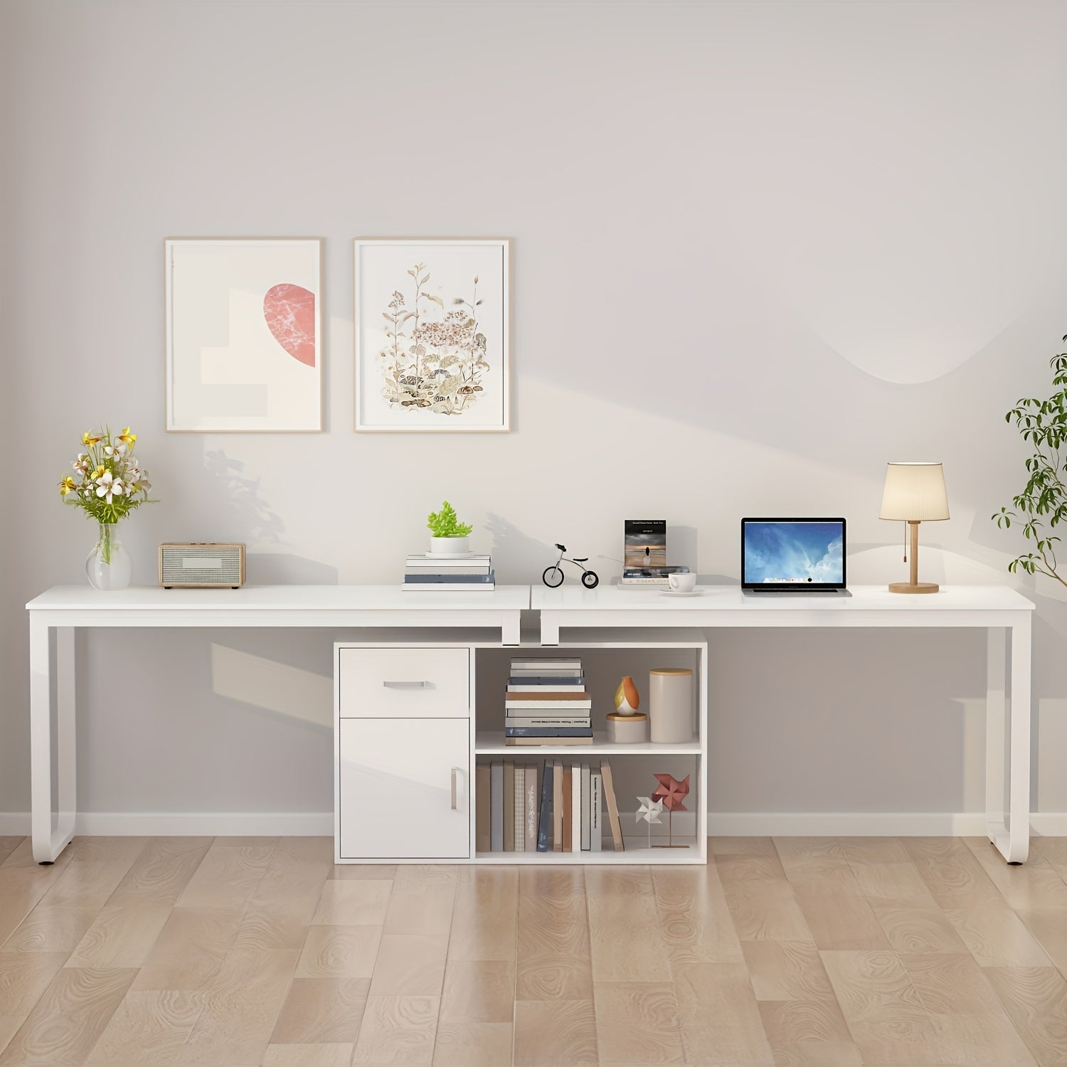 L-shaped Computer Desk with Drawer, Open Shelves & Filing Cabinet, Modern Writing Desk with Spacious Desktop, for Home Office, Study Room, White