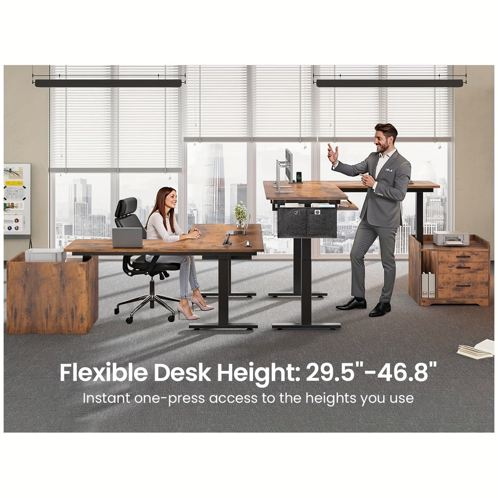 L-shaped Standing Desk with 3 Drawers and LED Lights, Height-Adjustable Computer Desk Suitable for Home Office
