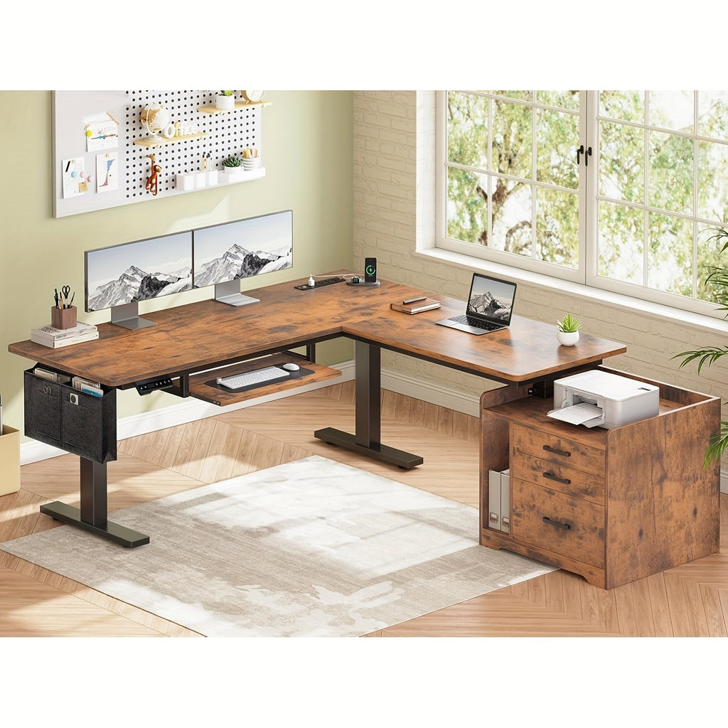 L-shaped Standing Desk with 3 Drawers and LED Lights, Height-Adjustable Computer Desk Suitable for Home Office