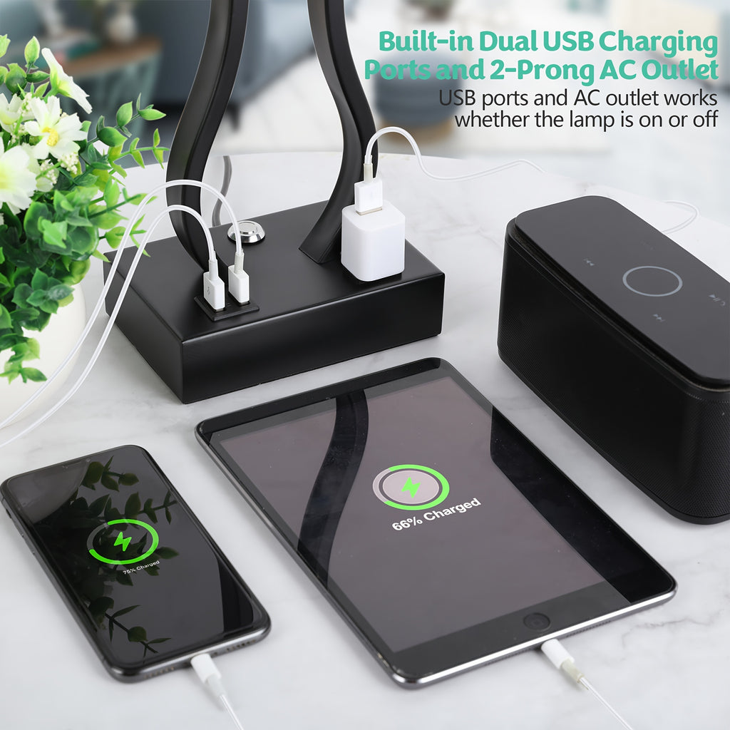 Touch Control Table Lamps Set Of 2, 3-Way Dimmable Bedside Nightstand Lamps with Dual USB Ports And 2-Prong AC Outlet for Bedroom Living Room Dorm Office, Bulbs Included