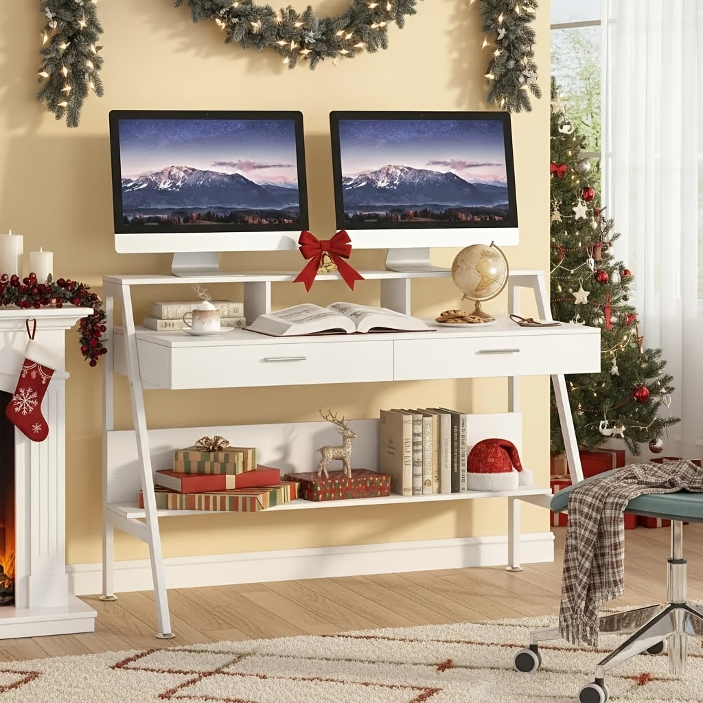 47 Inch Computer Desk With Storage Shelf & Drawers | Modern Office Writing Desk Study Table With Monitor Stand Riser, White, Byblight, Christmas Renewal