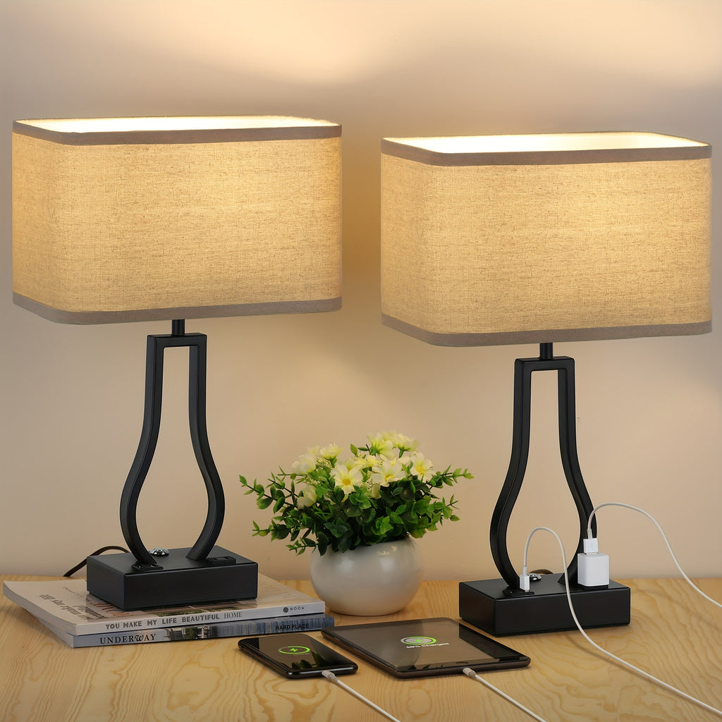 Touch Control Table Lamps Set Of 2, 3-Way Dimmable Bedside Nightstand Lamps with Dual USB Ports And 2-Prong AC Outlet for Bedroom Living Room Dorm Office, Bulbs Included