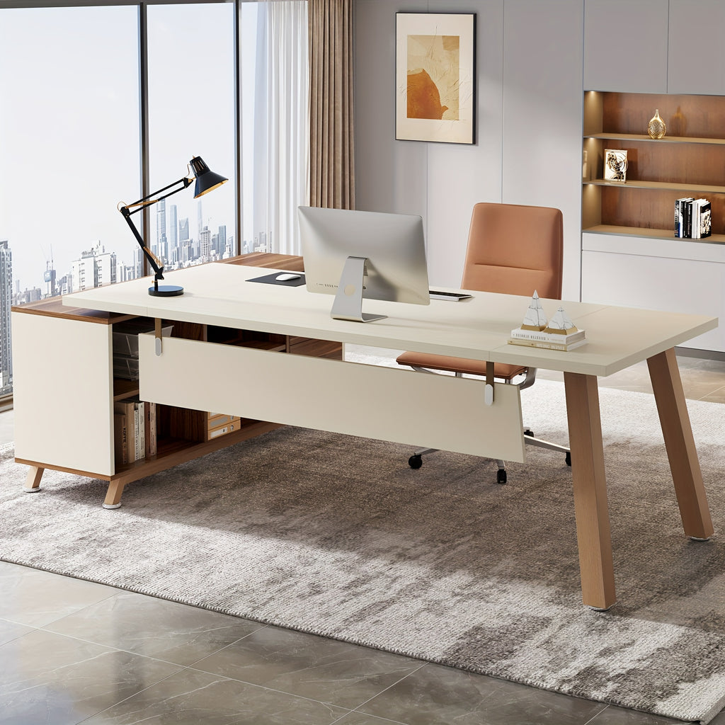 71-Inch Executive Workstation, L-Shaped Desk Featuring a 55-Inch Cabinet, Spacious Office Desk with Storage Shelves, Contemporary Computer Desk for Home Office, Walnut And White End, Easy Assembly