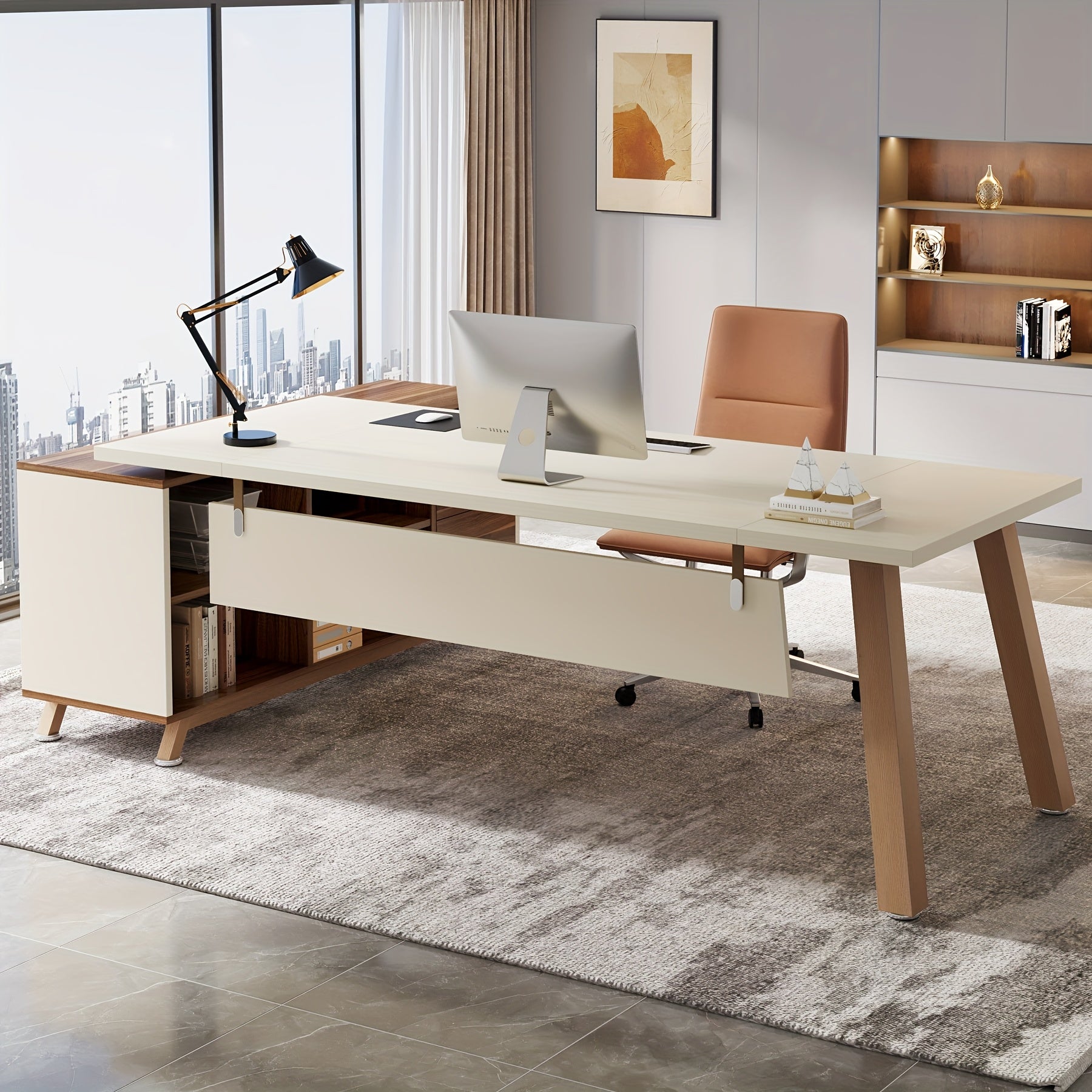 71-Inch Executive Workstation, L-Shaped Desk Featuring a 55-Inch Cabinet, Spacious Office Desk with Storage Shelves, Contemporary Computer Desk for Home Office, Walnut And White End, Easy Assembly