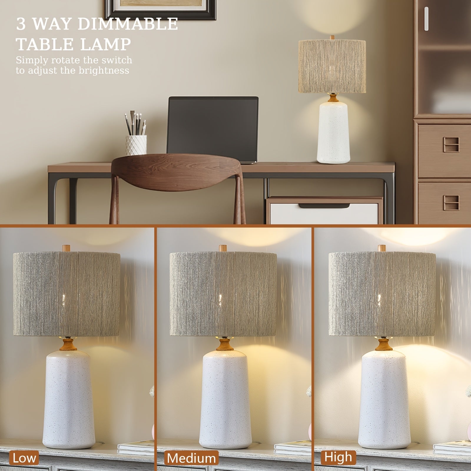 Three-Level Dimmable Farmhouse-Style Table Lamp, Standing 24 Inches Tall, Single Ceramic Bedside Lamp, Nightstand Lamp Featuring Fabric Shades Suitable for Living Room, Bedroom, Office, And Study
