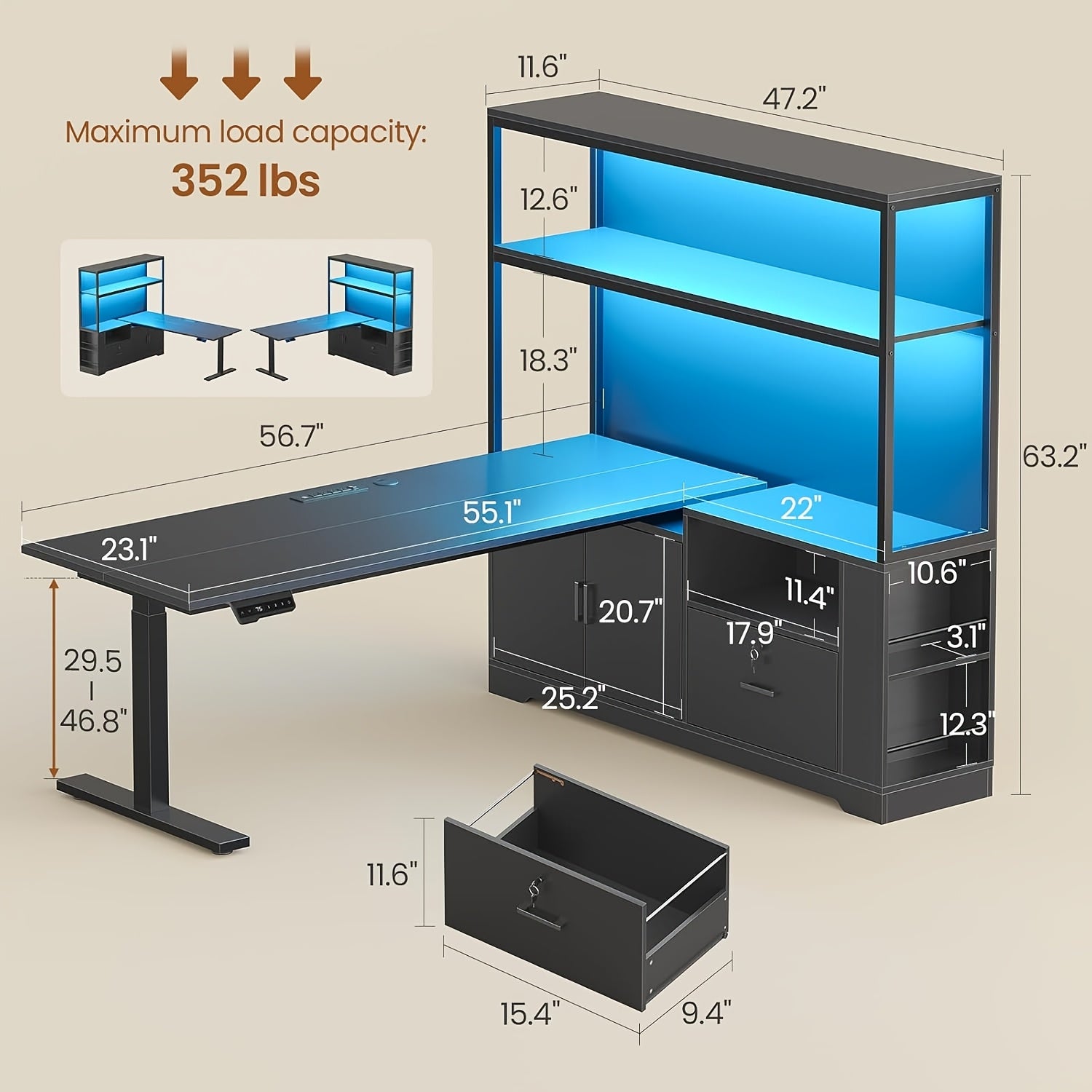 L Shaped Standing Desk with Memory Controller, Home Office Desk with Ample Storage & Power Outlets, 47 Inch Height Adjustable Corner Desk with Drawer, Cabinet And Open Shelves, 23.1\